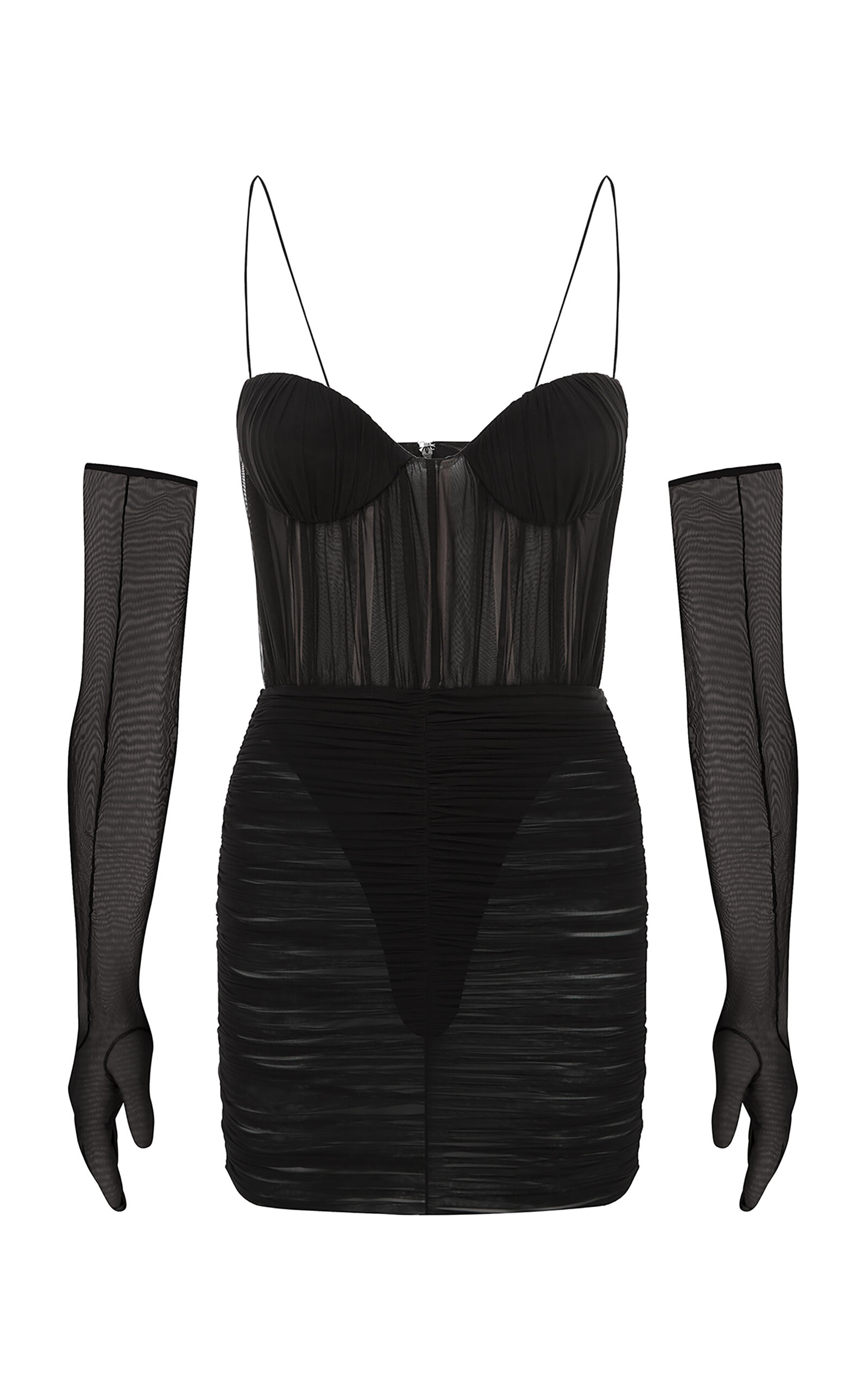 Alex Perry Ruched Mesh Bustier Mini Dress With Gloves In Black
