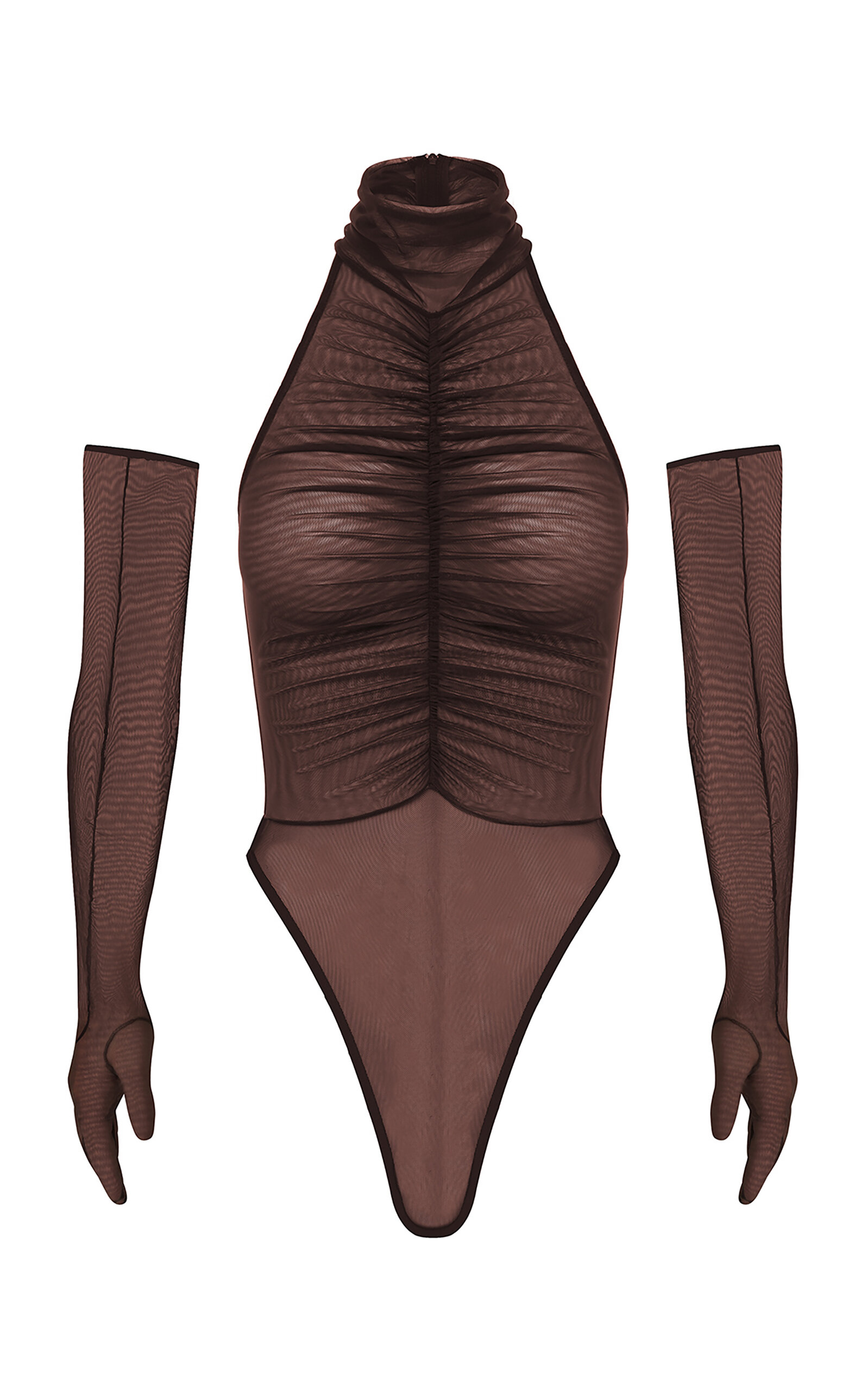 Alex Perry Ruched Mesh Bodysuit With Gloves In Brown