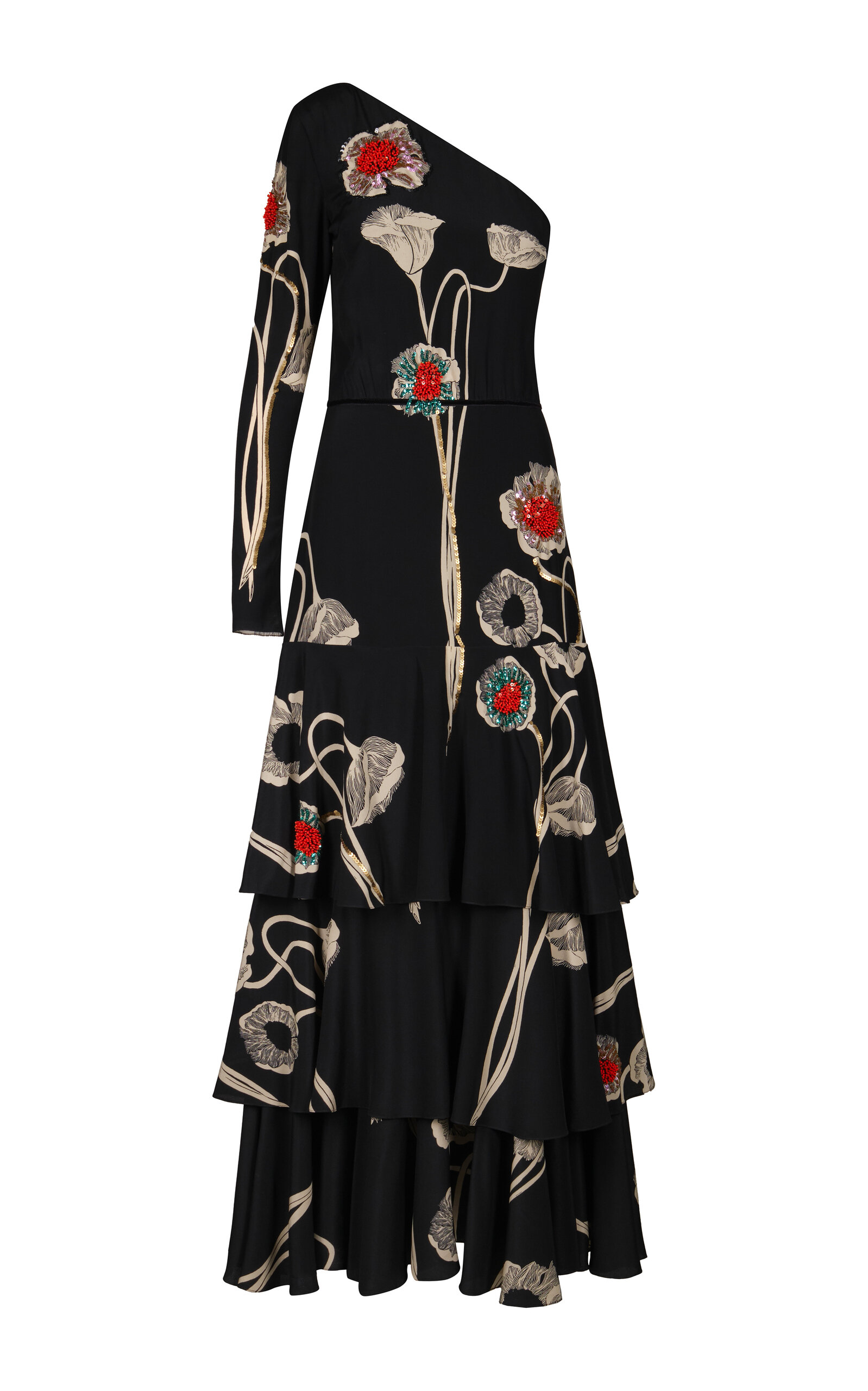 Johanna Ortiz Poesia De Paz Sequin Poppy One-shoulder Silk Maxi Dress In Black