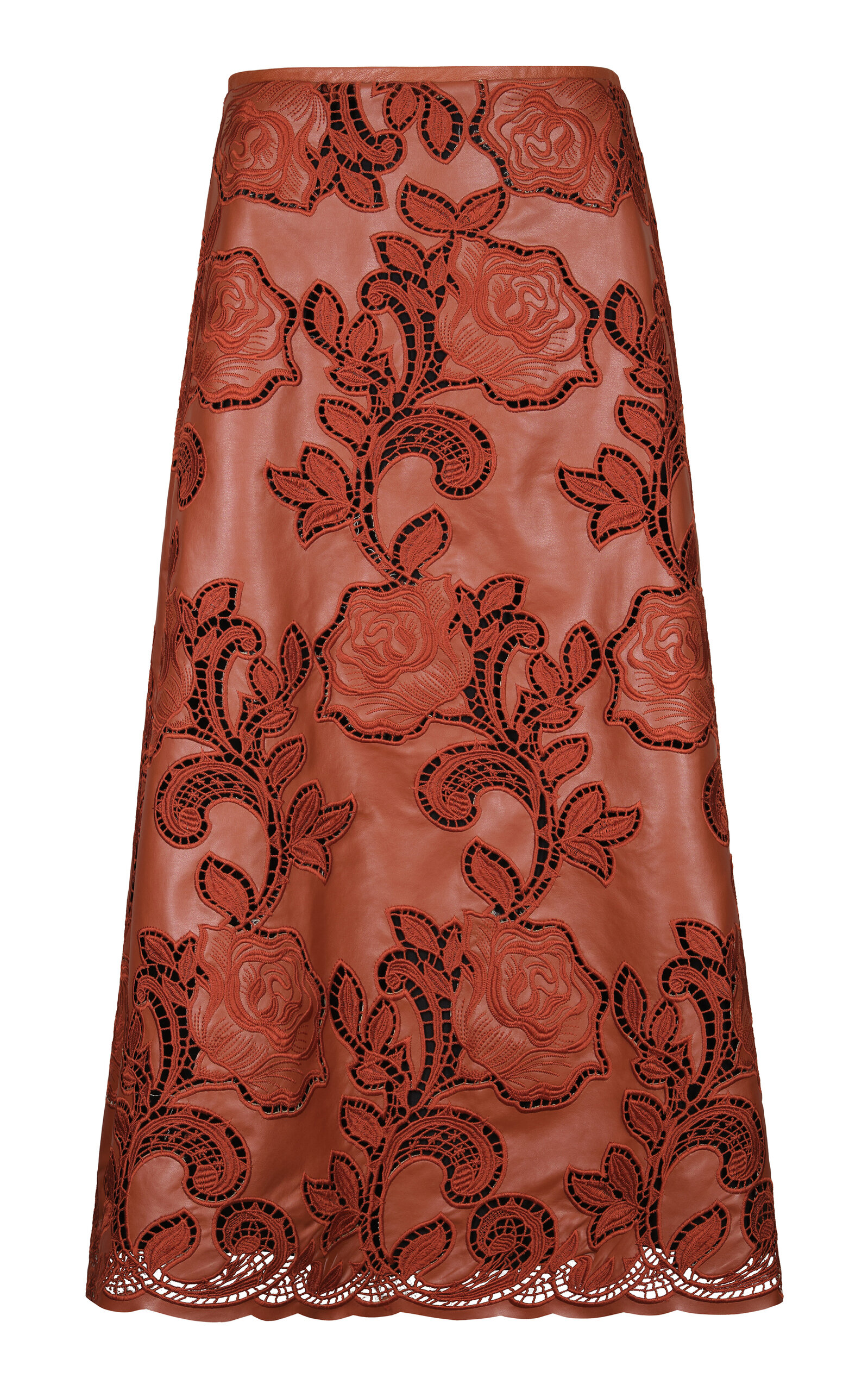 Johanna Ortiz Atardecer De Azafran Embroidered Vegan Leather Midi Skirt In Brown