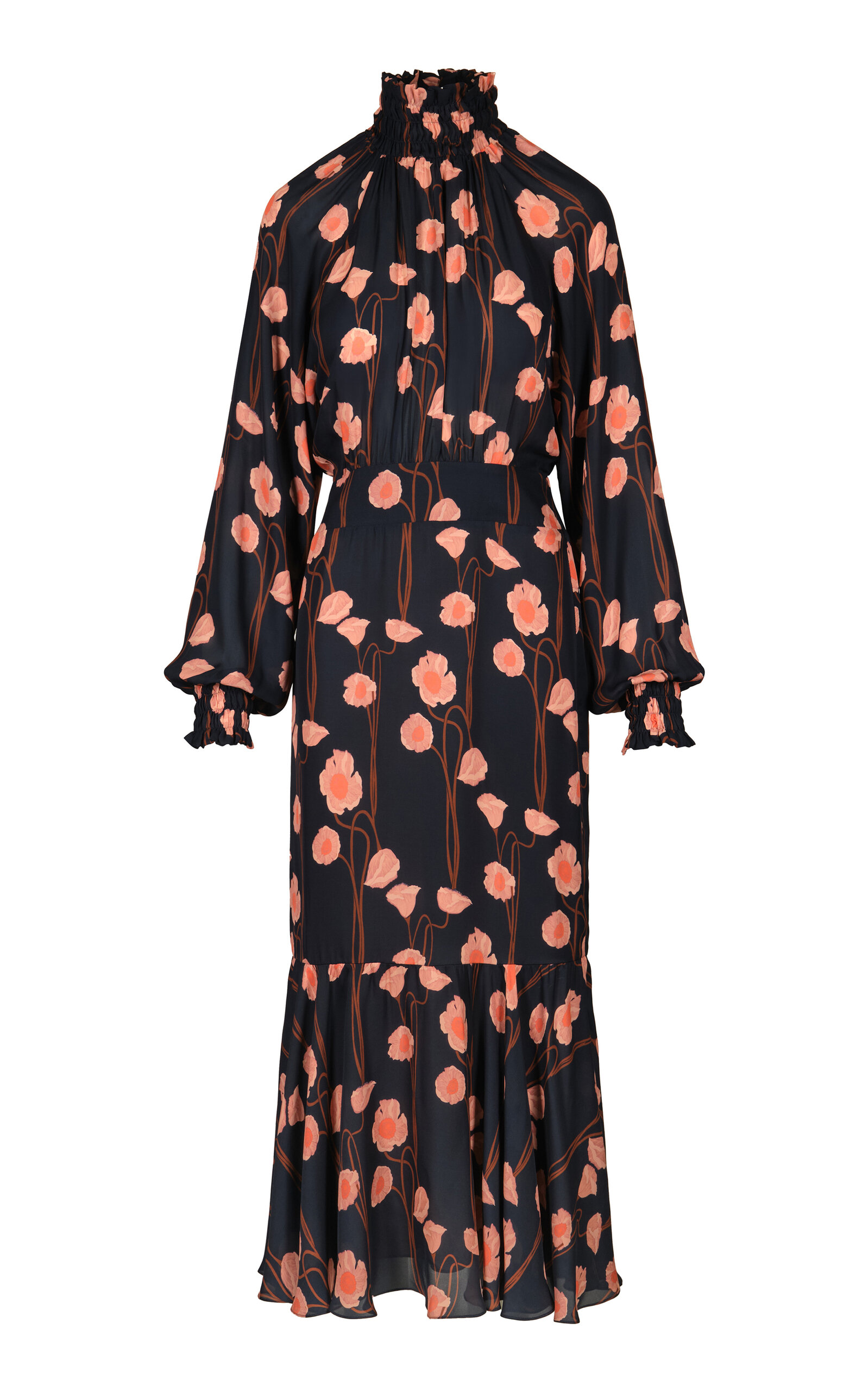 Johanna Ortiz Lo Sublime High Neck Silk Midi Dress In Navy