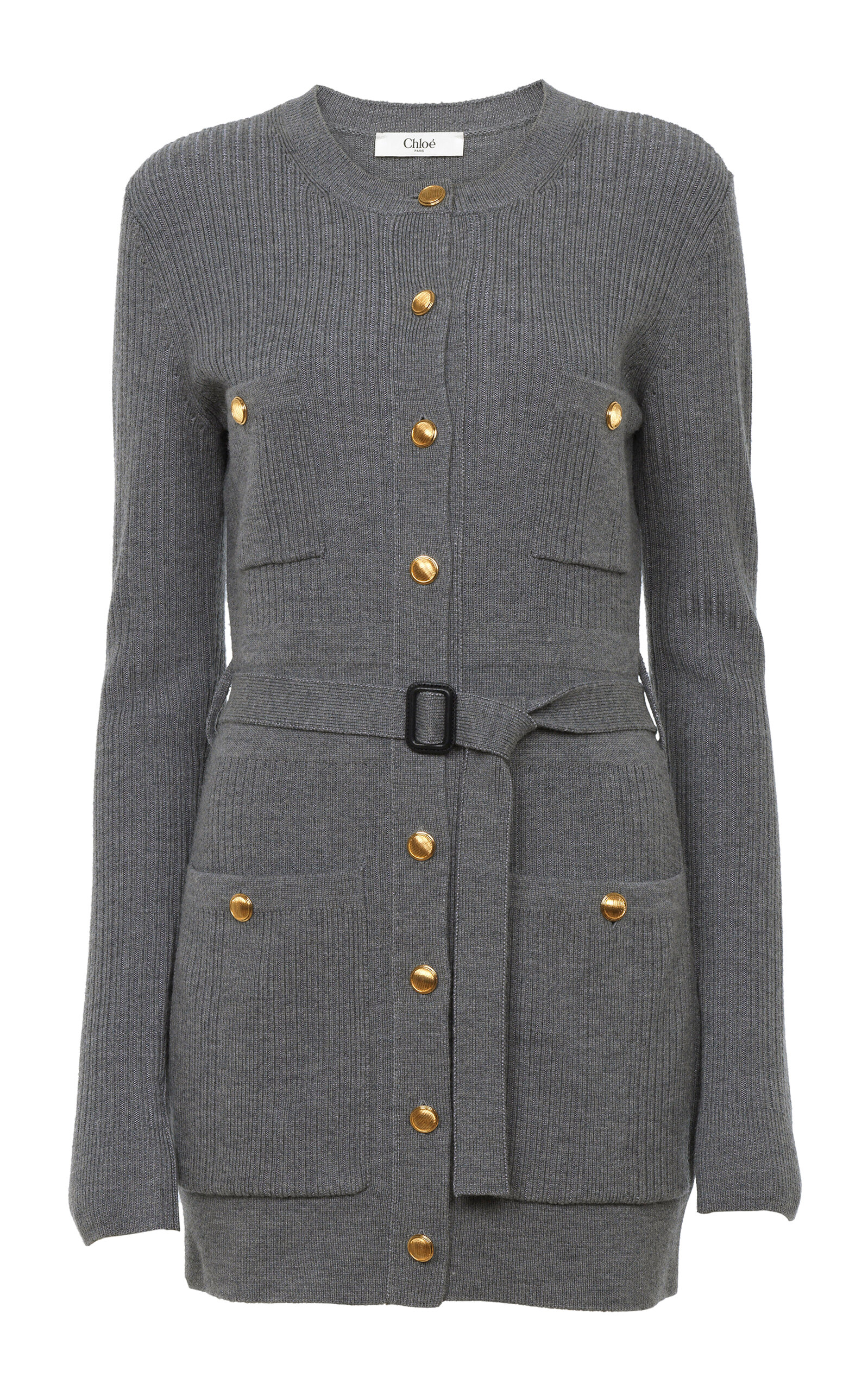 Chloé Belted Wool Knit Cardigan In Grey