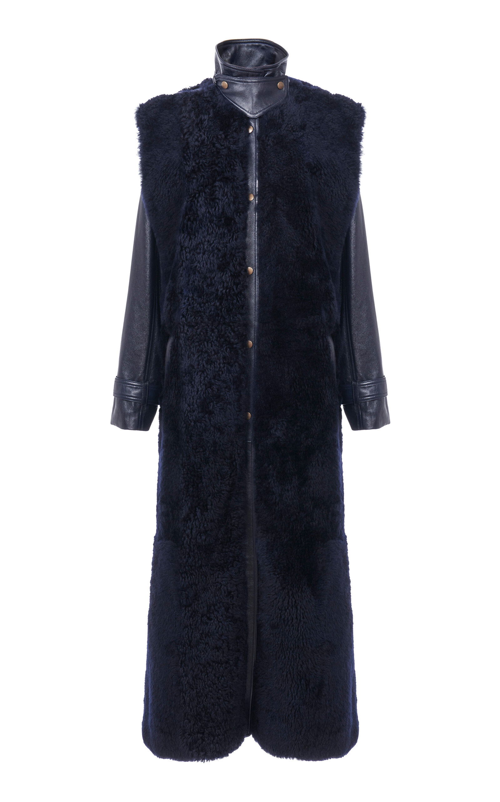 Chloé Oversized Leather & Shearling Coat In Navy
