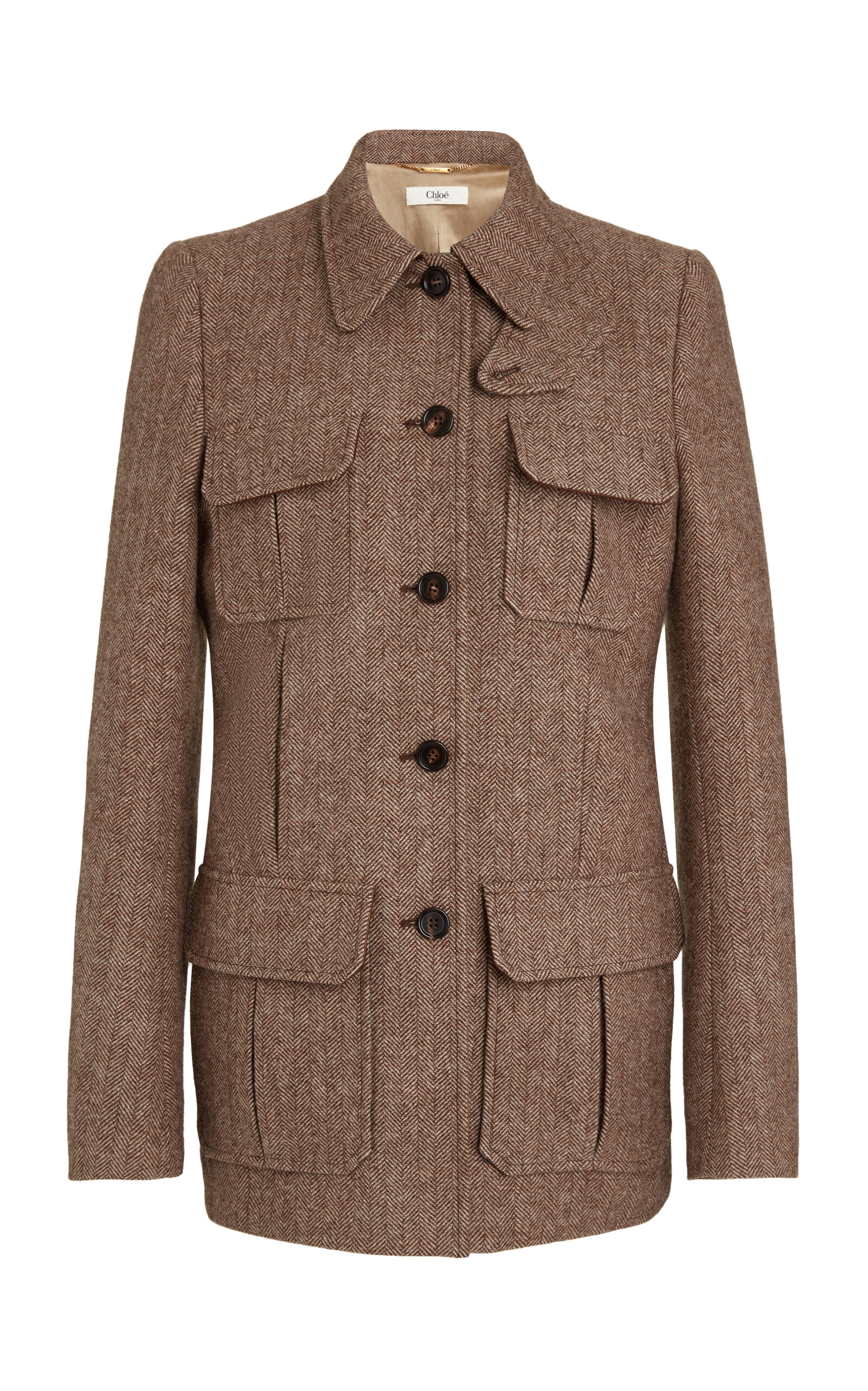 Chloé Pocket-detailed Herringbone Wool Jacket In Brown