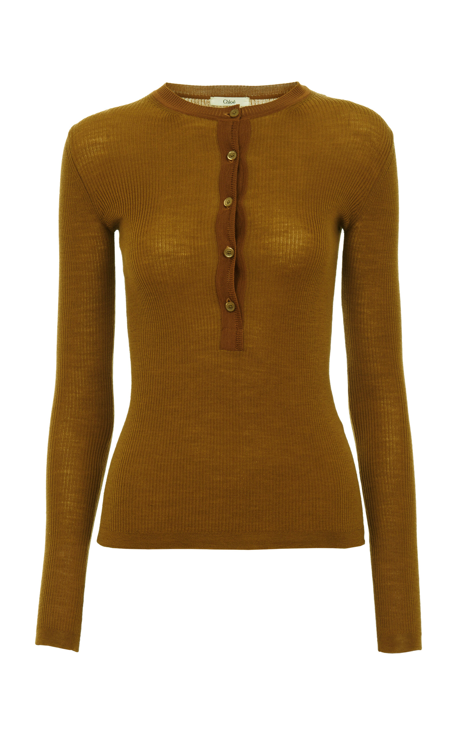 Chloé Ribbed Wool Knit Henley Top In Brown