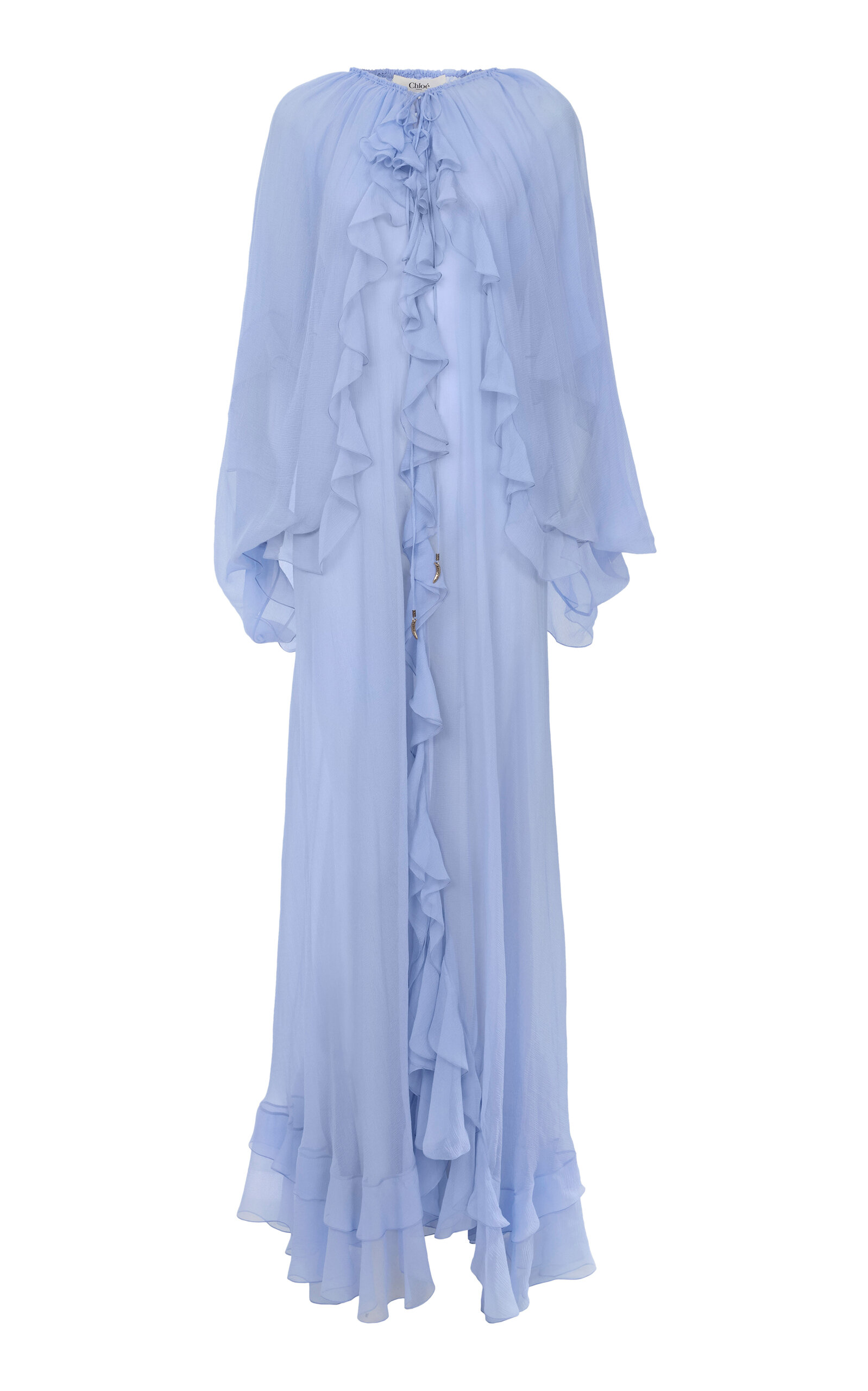 Chloé Ruffled Silk Maxi Cape Dress In Blue