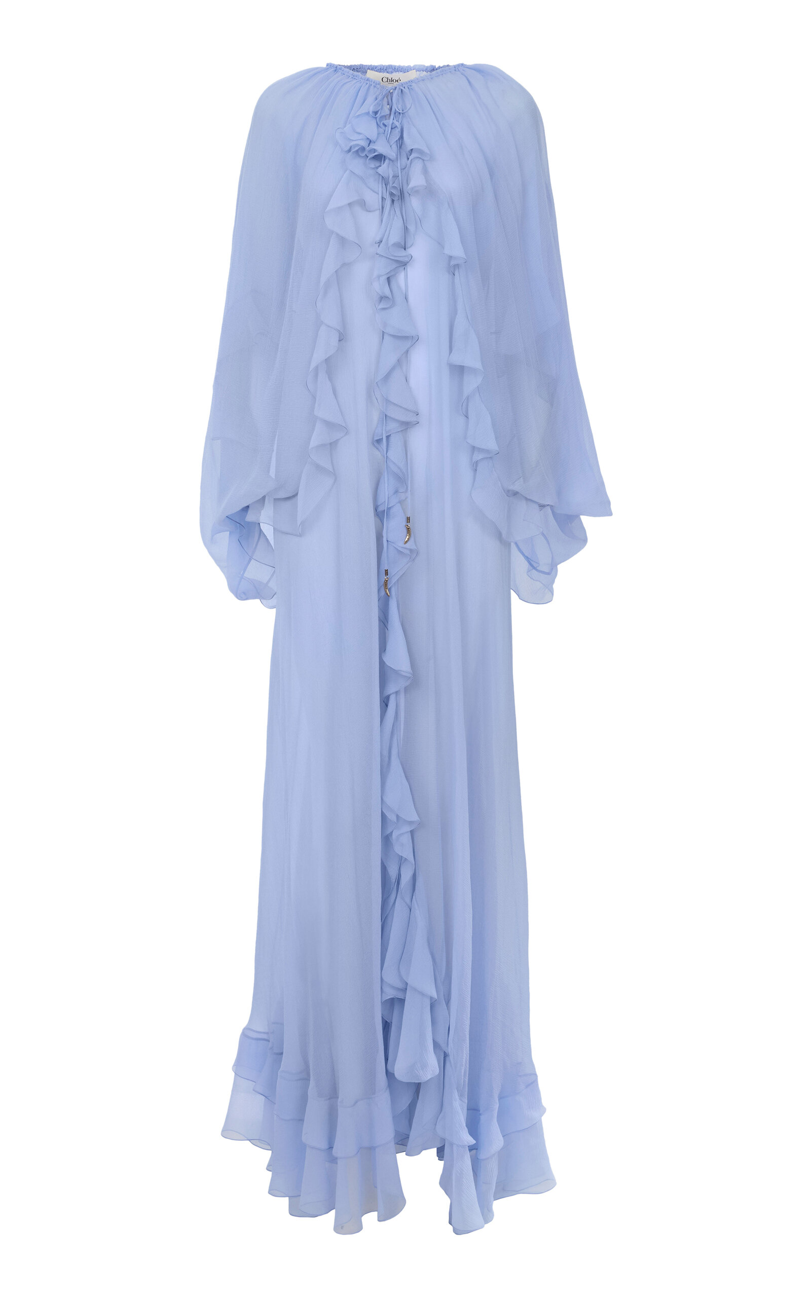 Chloé Robe Cape Longue Volantée En Mousseline De Soie Femme Bleu Taille 38 100% Soie In Blue