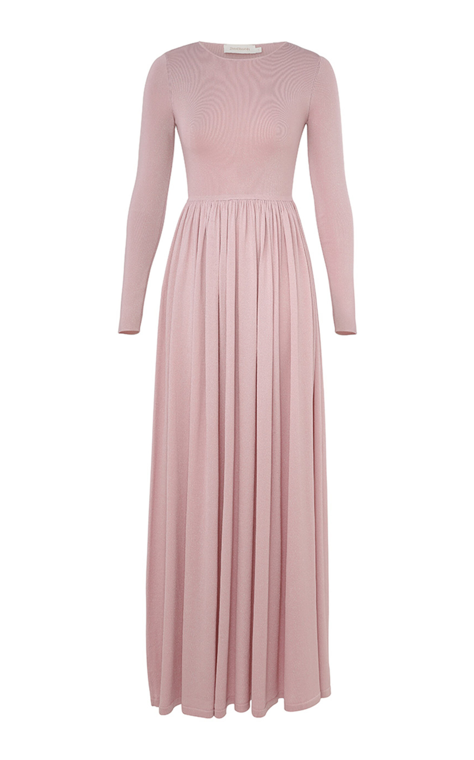 Zimmermann Illustration Pleated Metallic Knit Maxi Dress In Pink