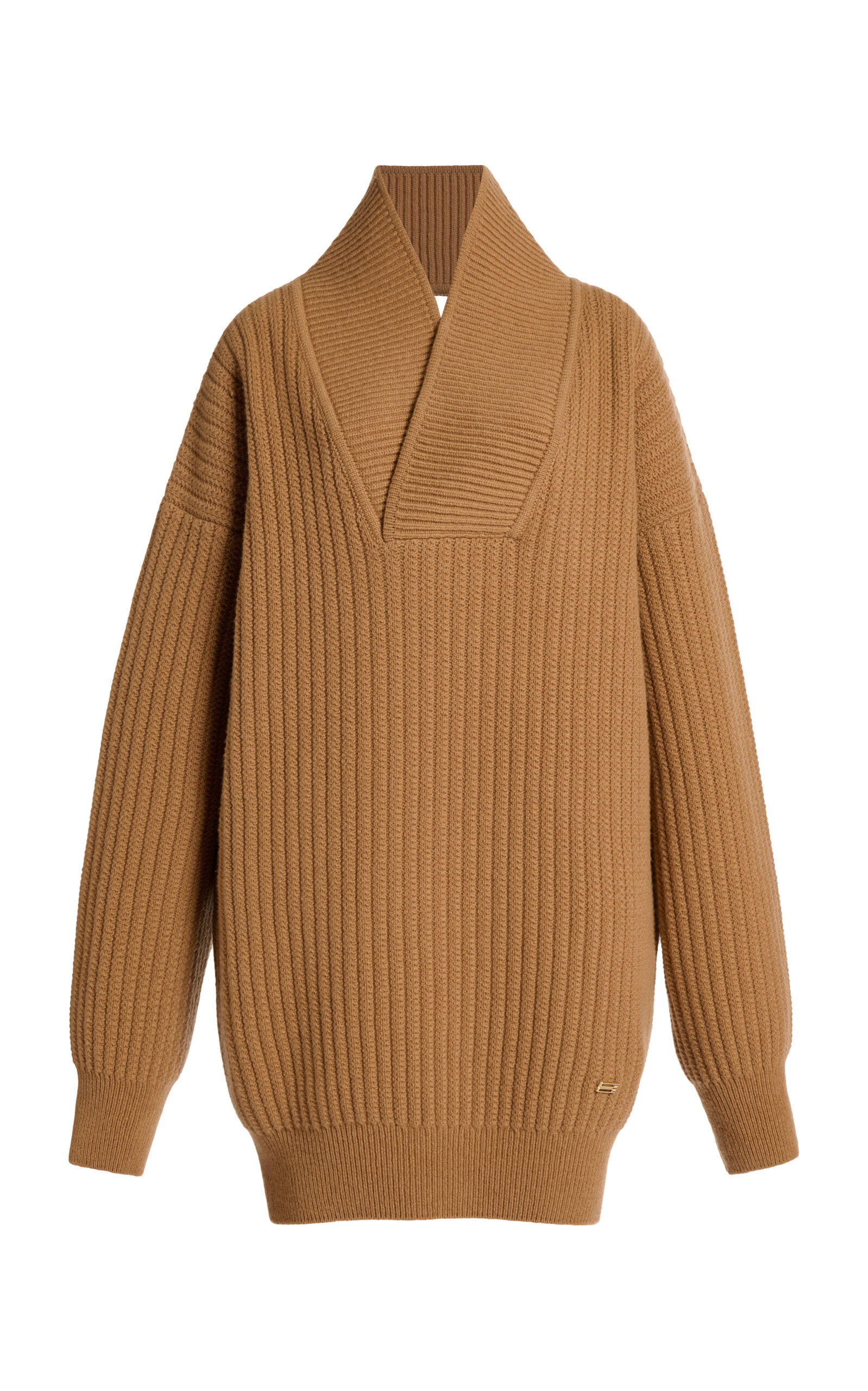 Victoria Beckham Wool Shawl Neck Jumper Mini Dress In Tan