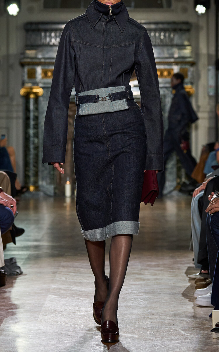 VICTORIA BECKHAM DENIM OVERALL MIDI SKIRT