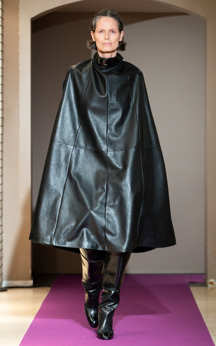 Marie Adam-leenardt Paneled Leather Cape Dress In Black