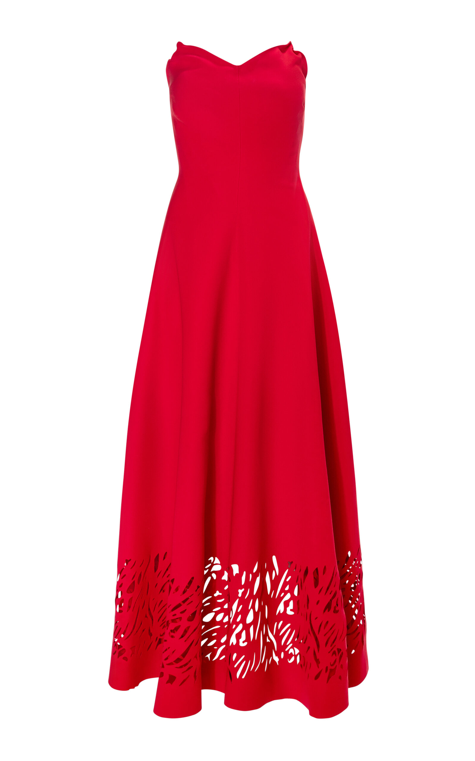 Laser-Cut Strapless Crepe Maxi Dress