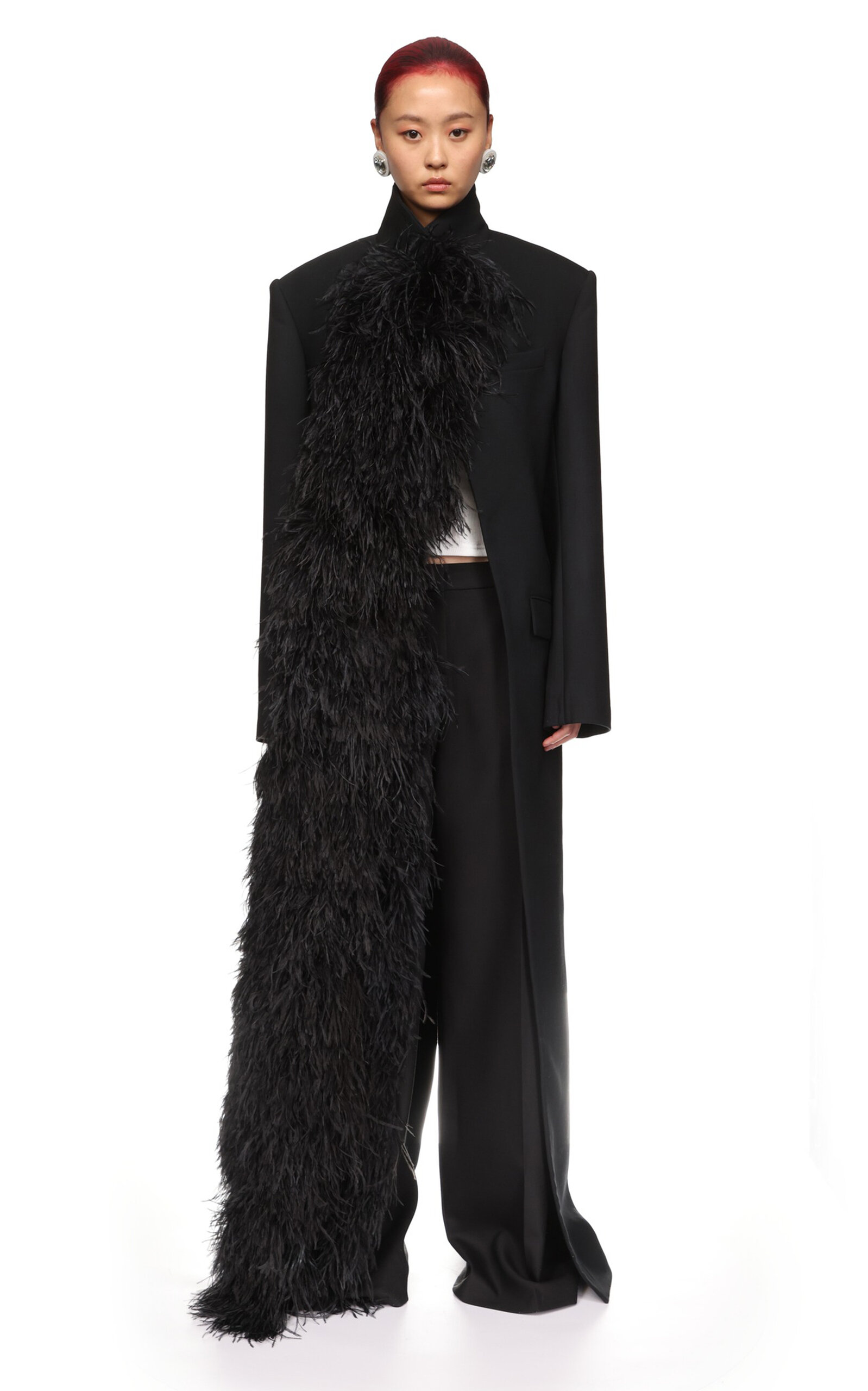 David Koma Feather-trimmed Wool Coat In Black
