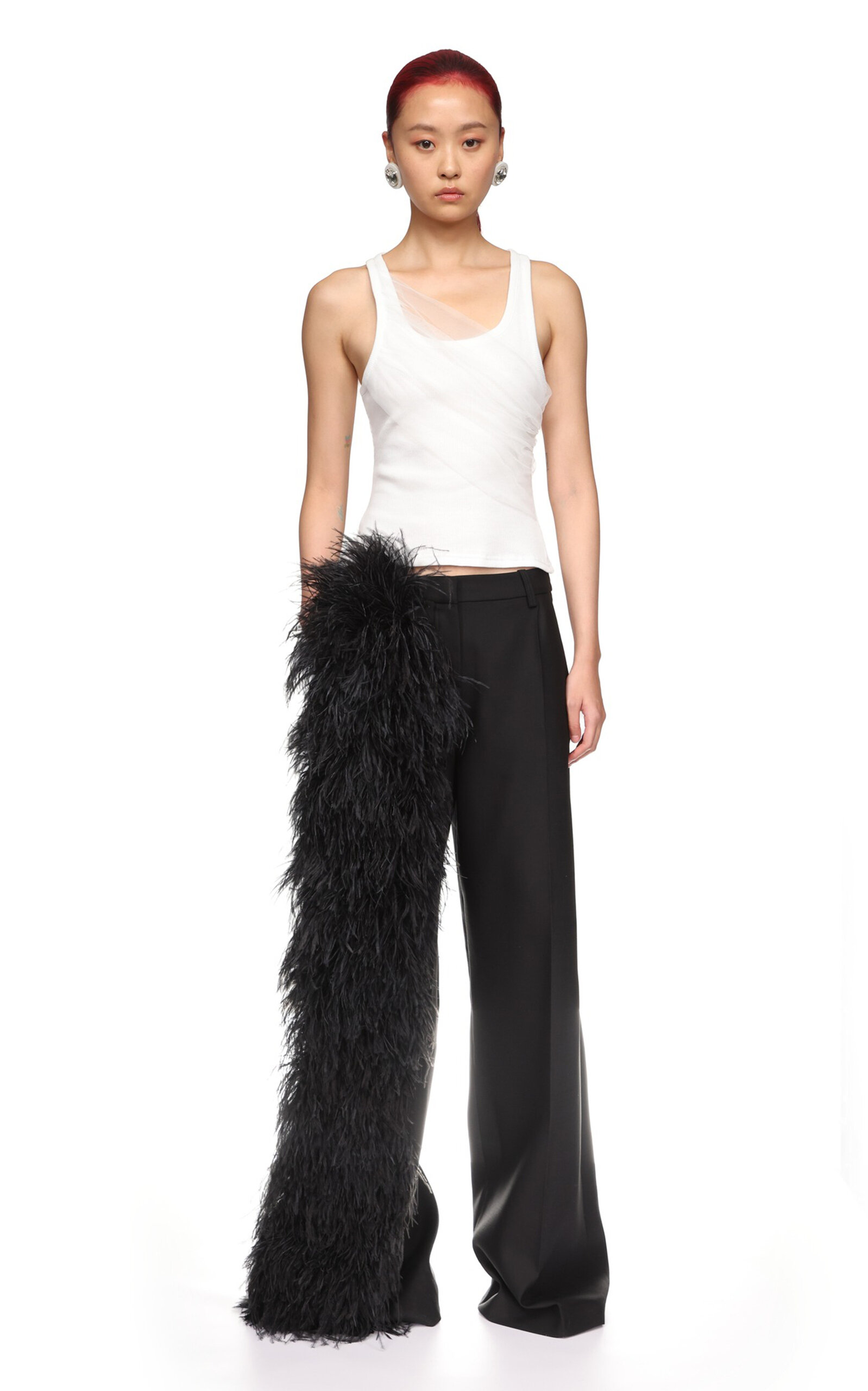 David Koma Feather-trimmed Wool Wide-leg Pants In Black