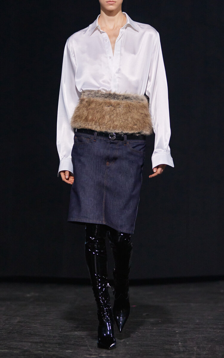 Coperni Faux-fur-trimmed Denim Knee-length Skirt In Dark Wash