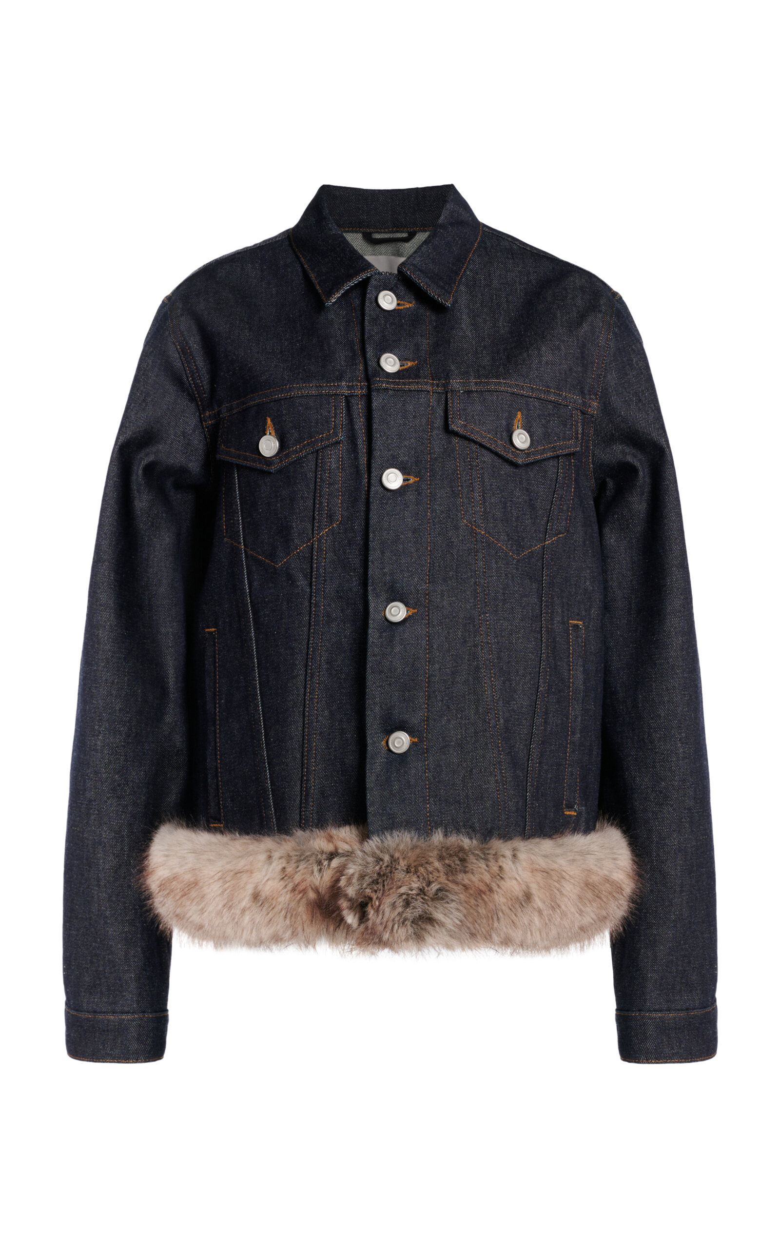 Coperni Faux-fur-trimmed Denim Jacket In Dark Wash
