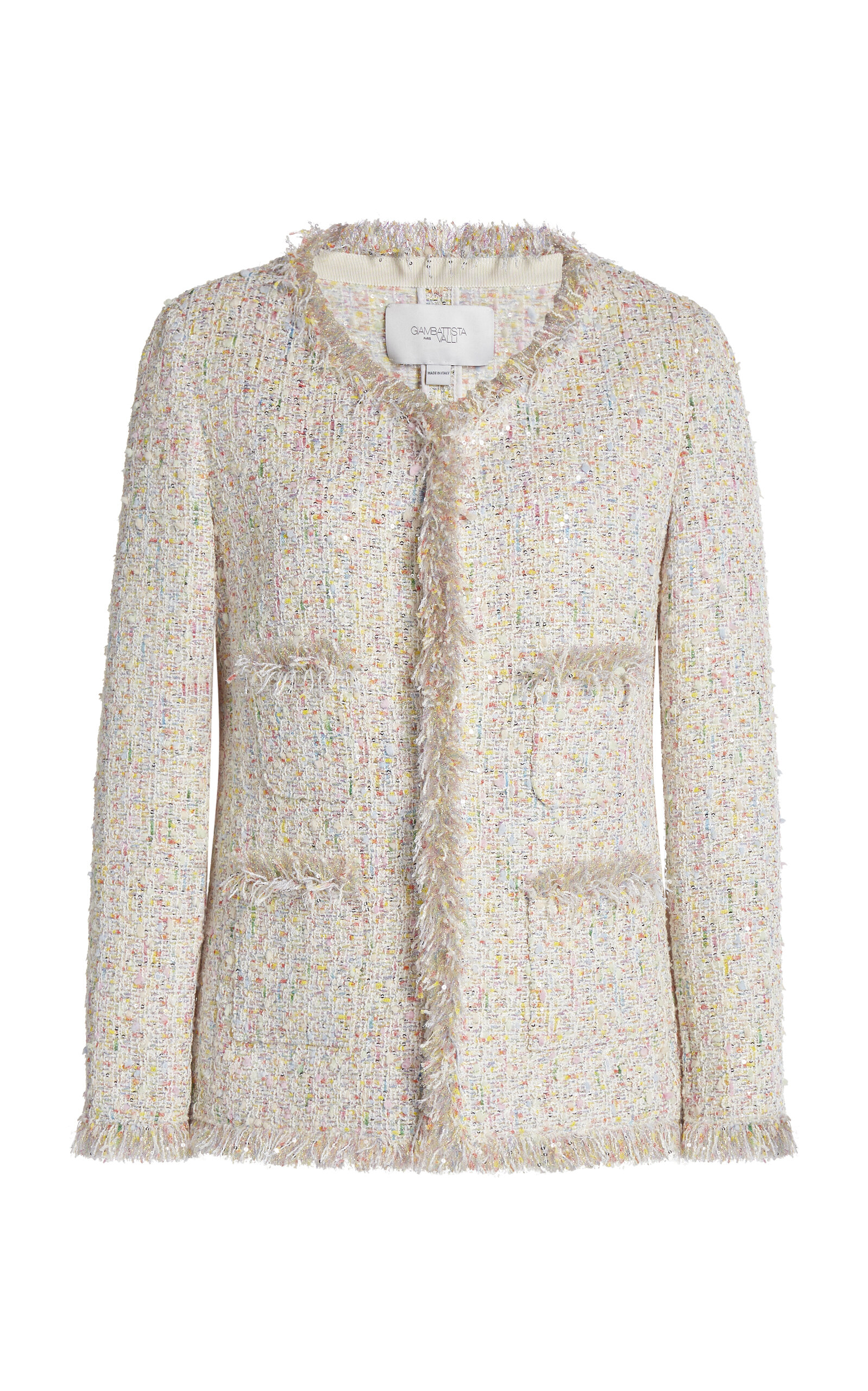 Giambattista Valli Collarless Fringed Bouclé Blazer In Ivory
