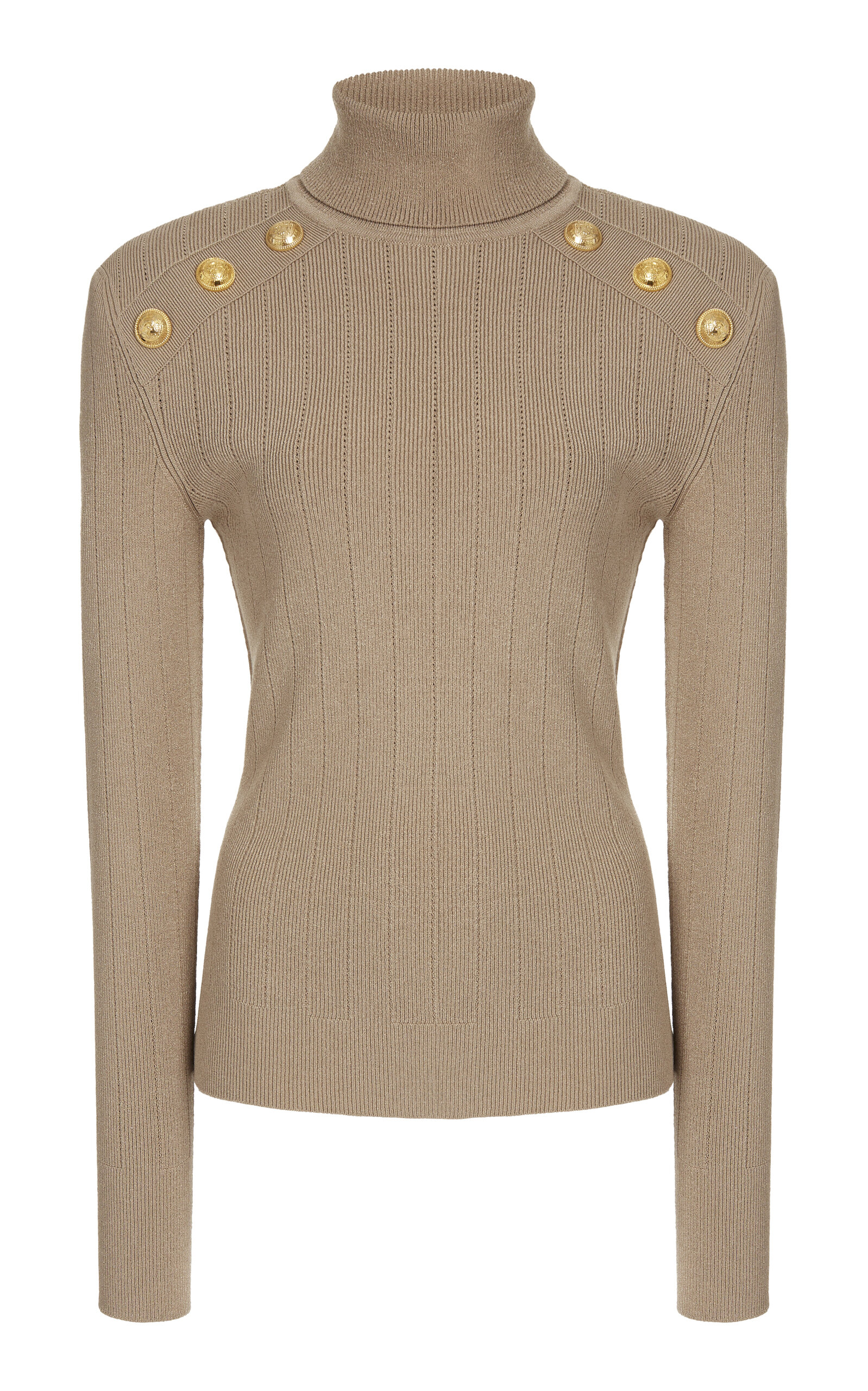 Balmain Button-trimmed Knit Turtleneck Sweater In Brown