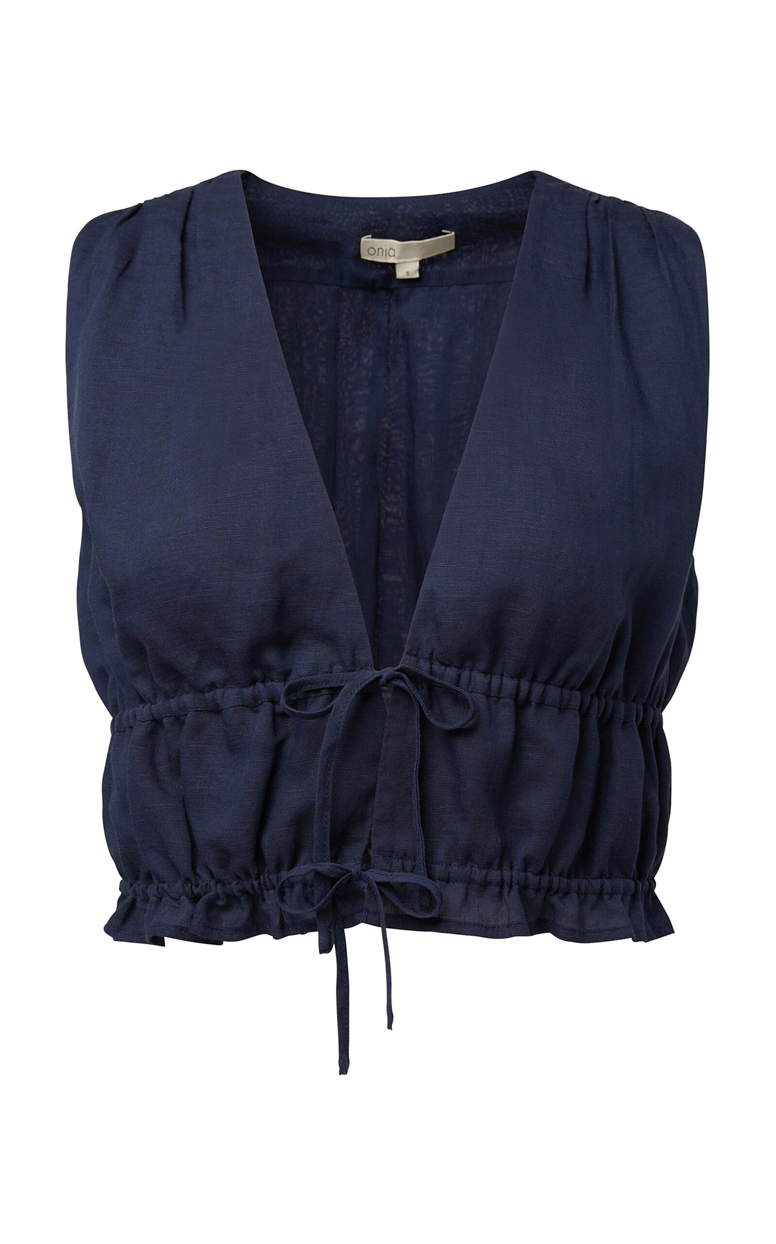 Shop Onia Air Linen Tie-front Crop Top In Blue