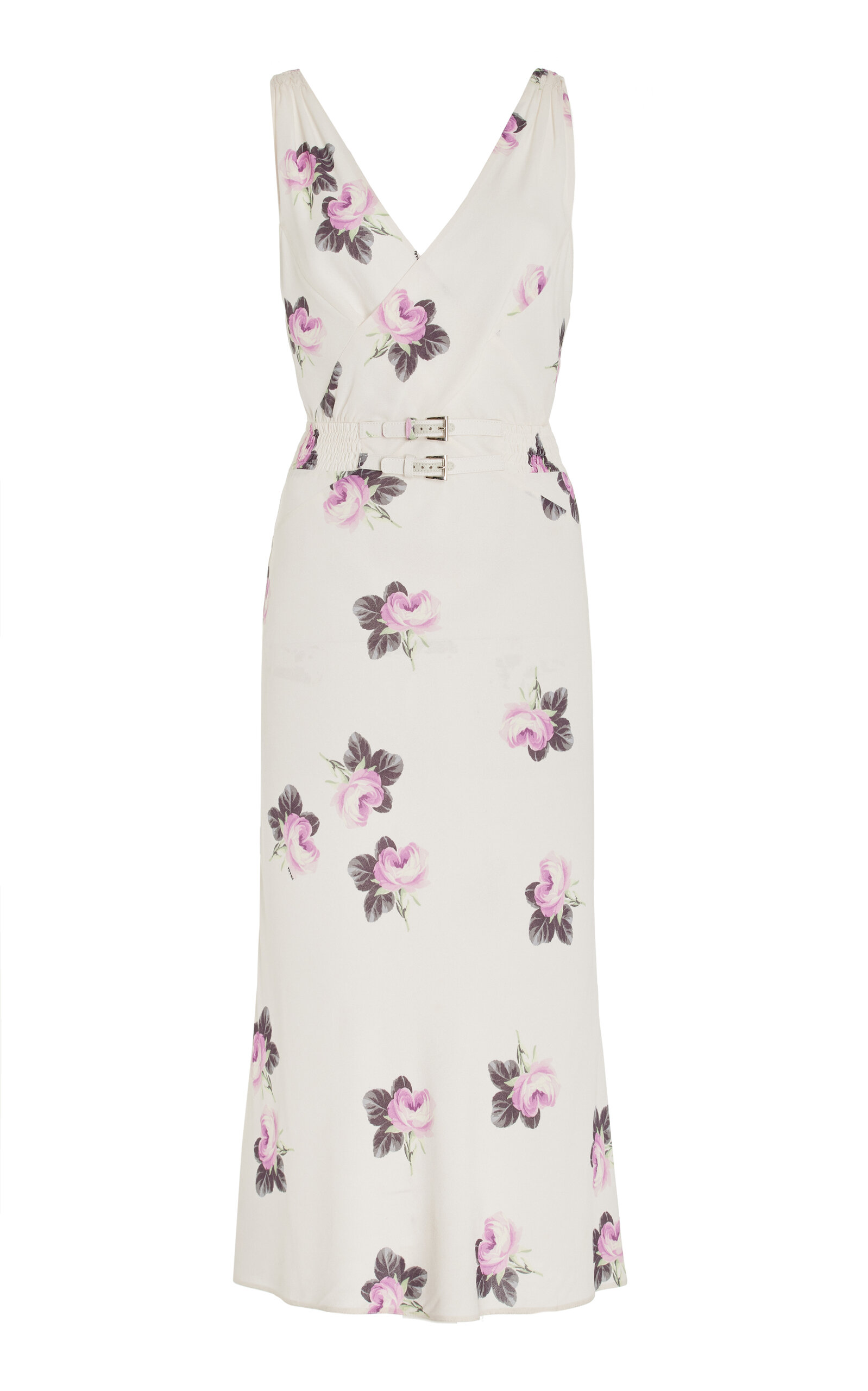 Shop Prada Buckle-detailed Floral Crepe Midi Dress In Neutral