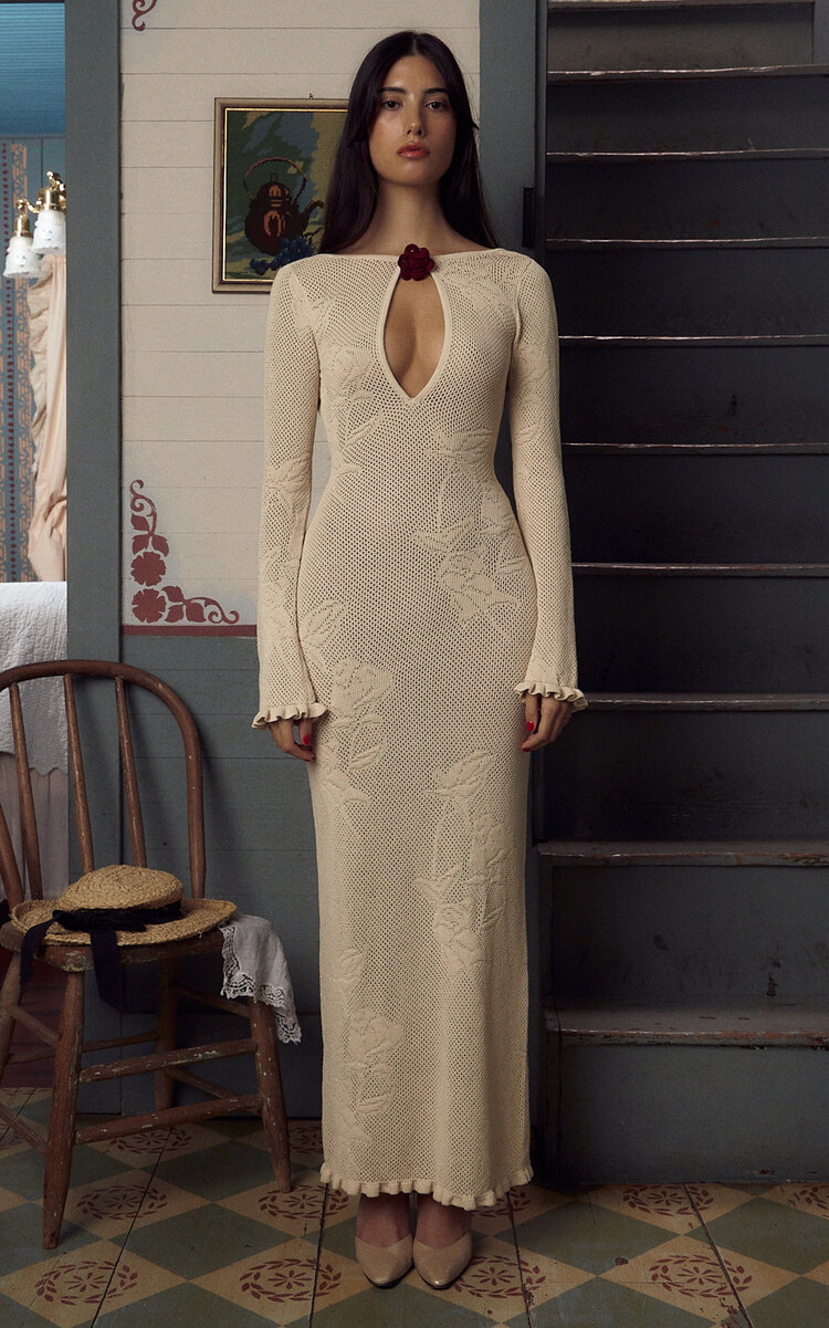 Shop Mirror Palais Rose Pointelle Knit Cut-out Maxi Dress In Ivory