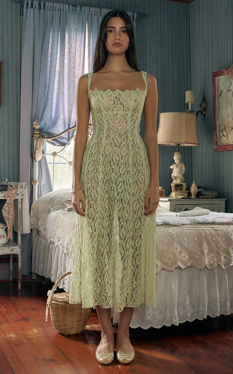 Mirror Palais The Macaron Lace Midi Dress In Green