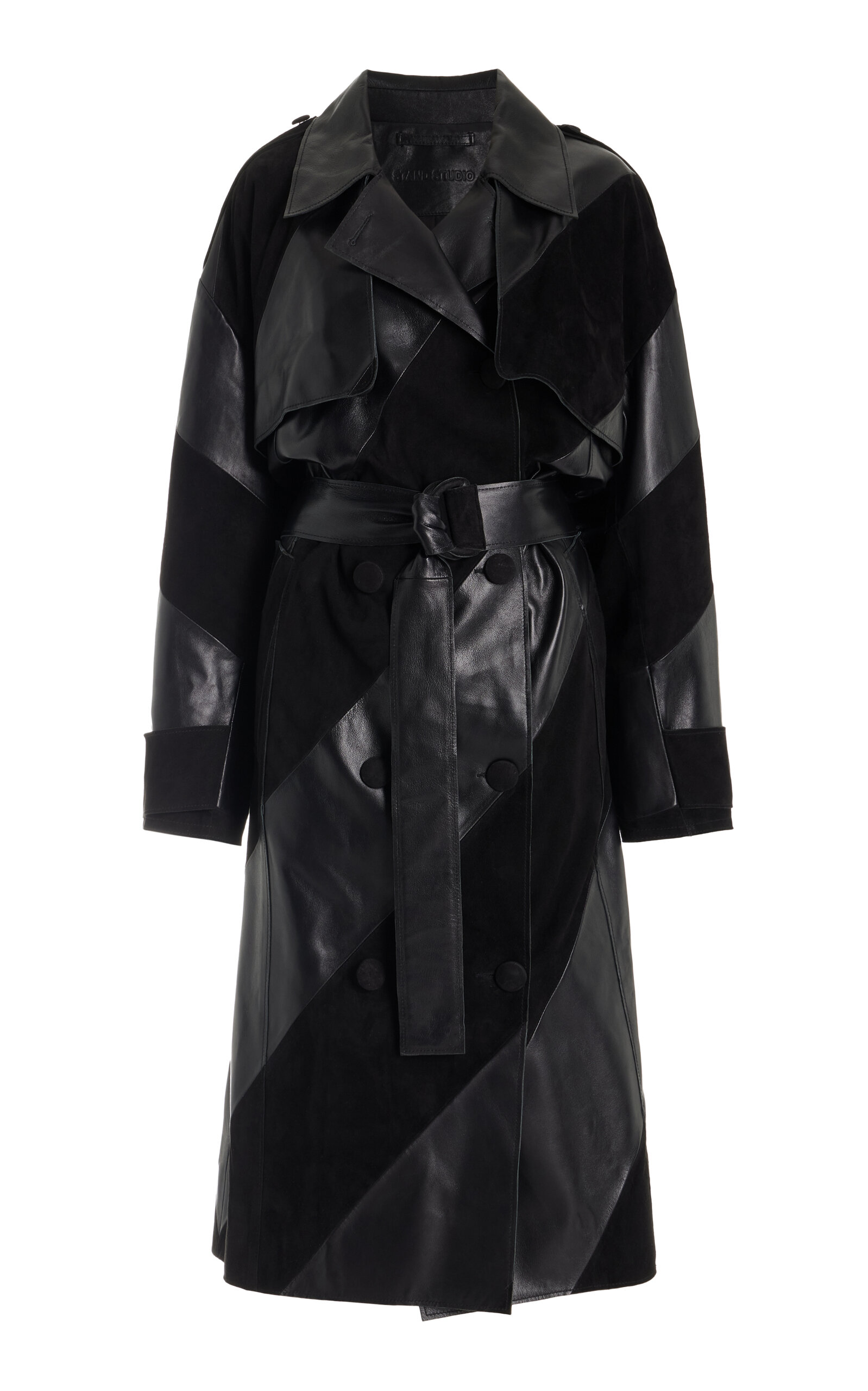 Stand Studio Blossom Leather and Suede Trench Coat - Black