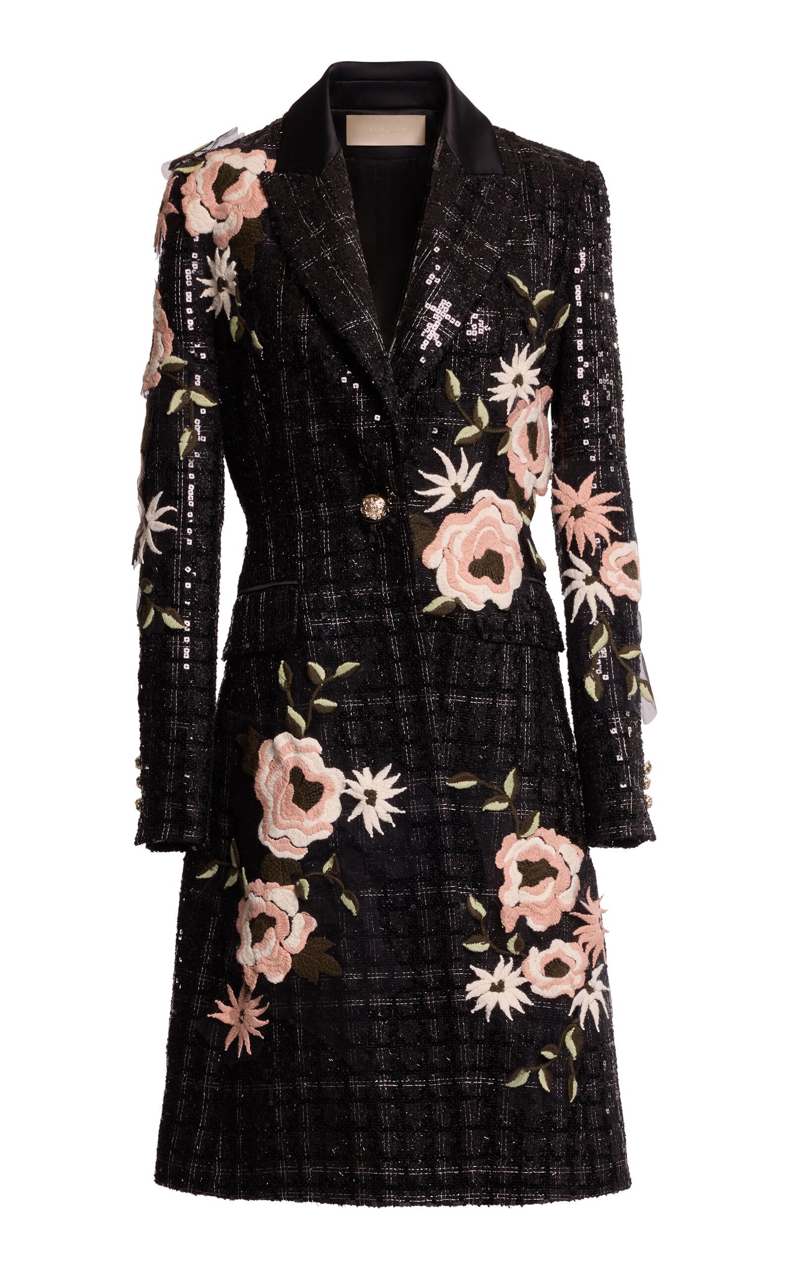 Elie Saab Tweed Floral Embroidered Coat In Black