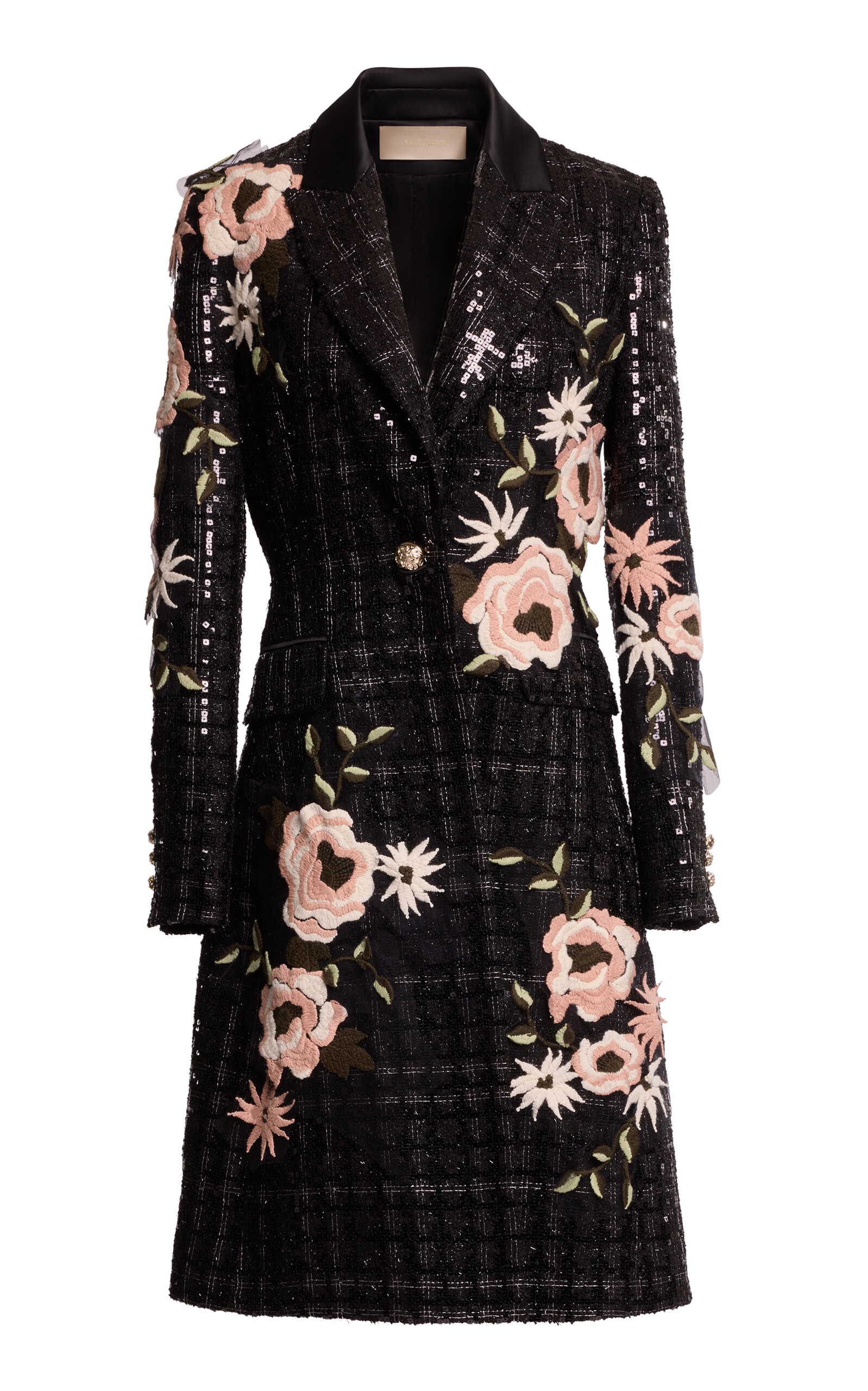 Elie Saab Tweed Floral Embroidered Coat - Black