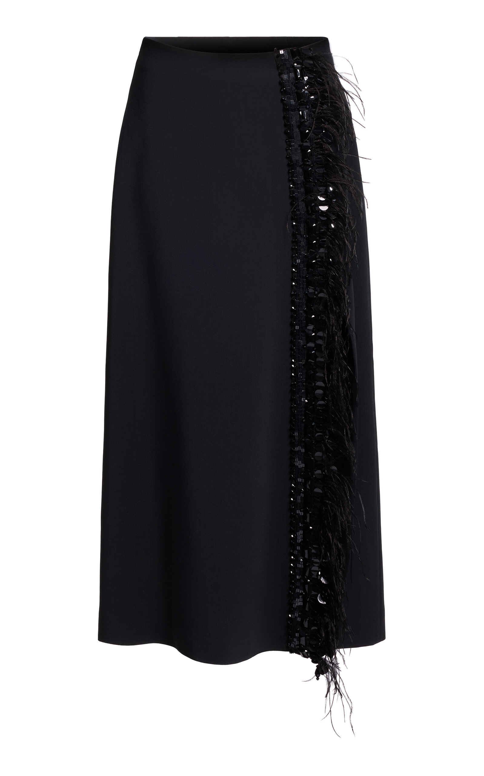 Elie Saab Cady Embroidered With Feathers Trim Midi Skirt In Black
