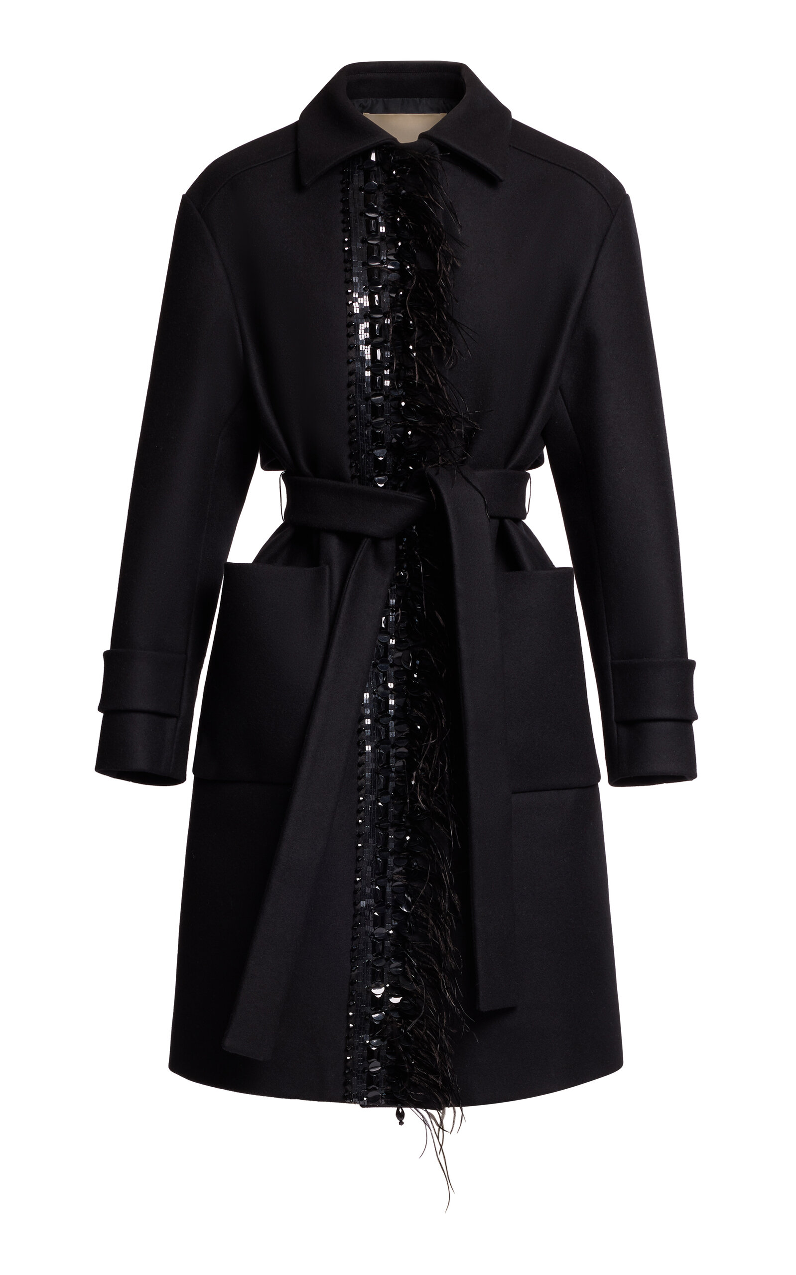 Elie Saab Cady Feather-embroidered Wrap Coat In Black
