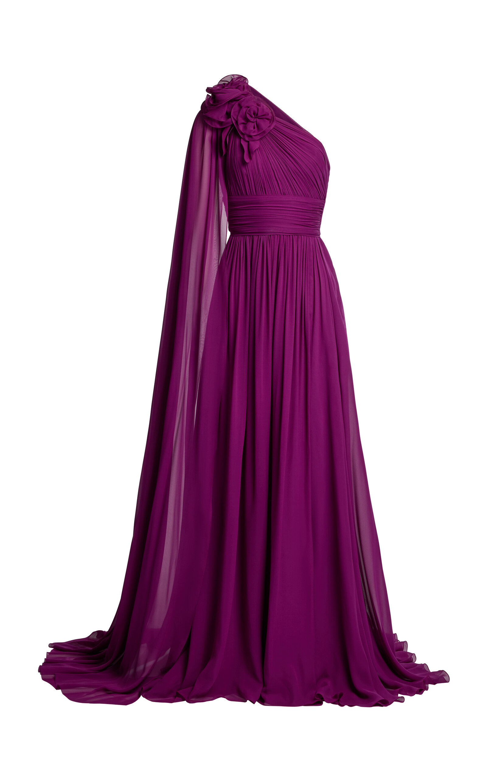 Elie Saab Silk One-shoulder Floral-appliquéd Pleated Maxi Dress In Purple