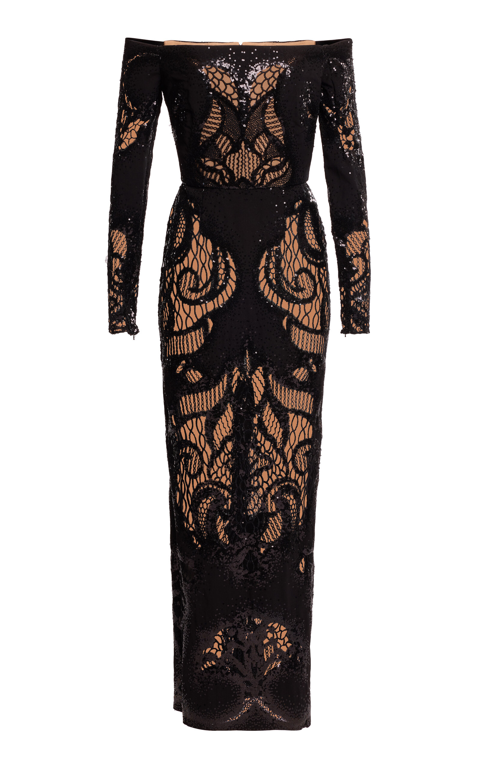 Elie Saab Tulle Sequined Lace Midi Dress In Black
