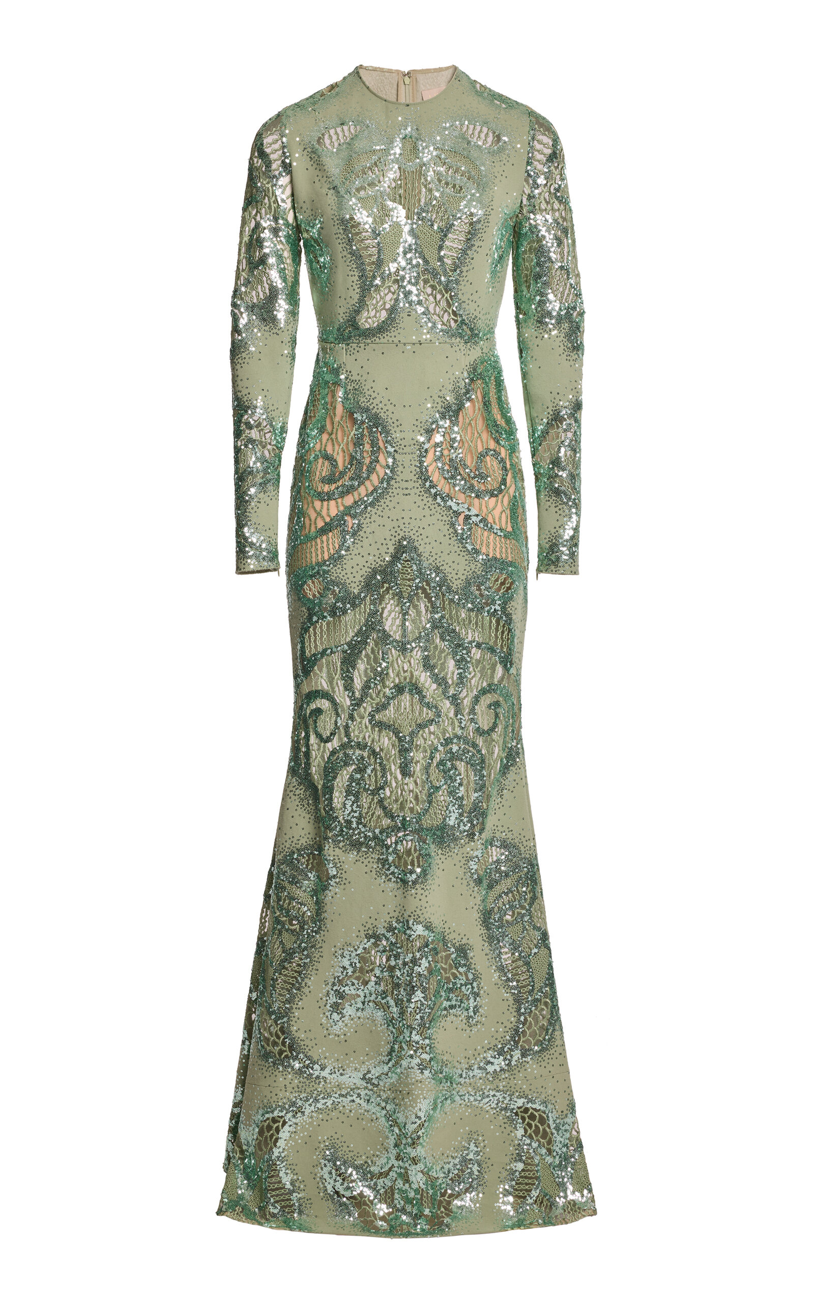 Elie Saab Tulle Sequined Lace Maxi Dress In Green
