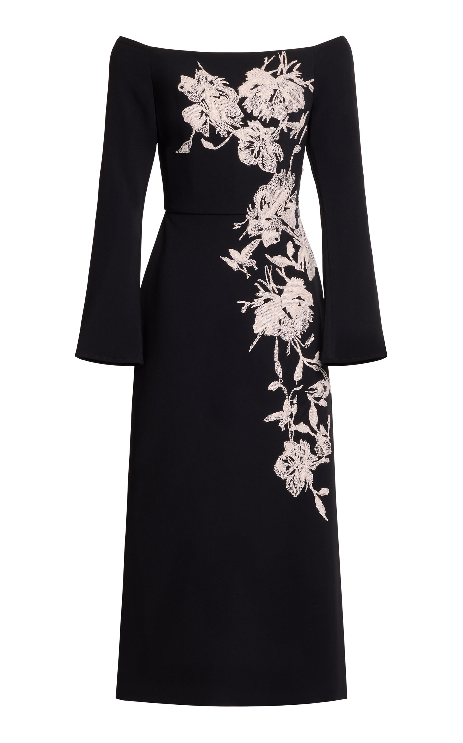 Elie Saab Tulle Embroidered Off-the-shoulder Midi Dress In Black