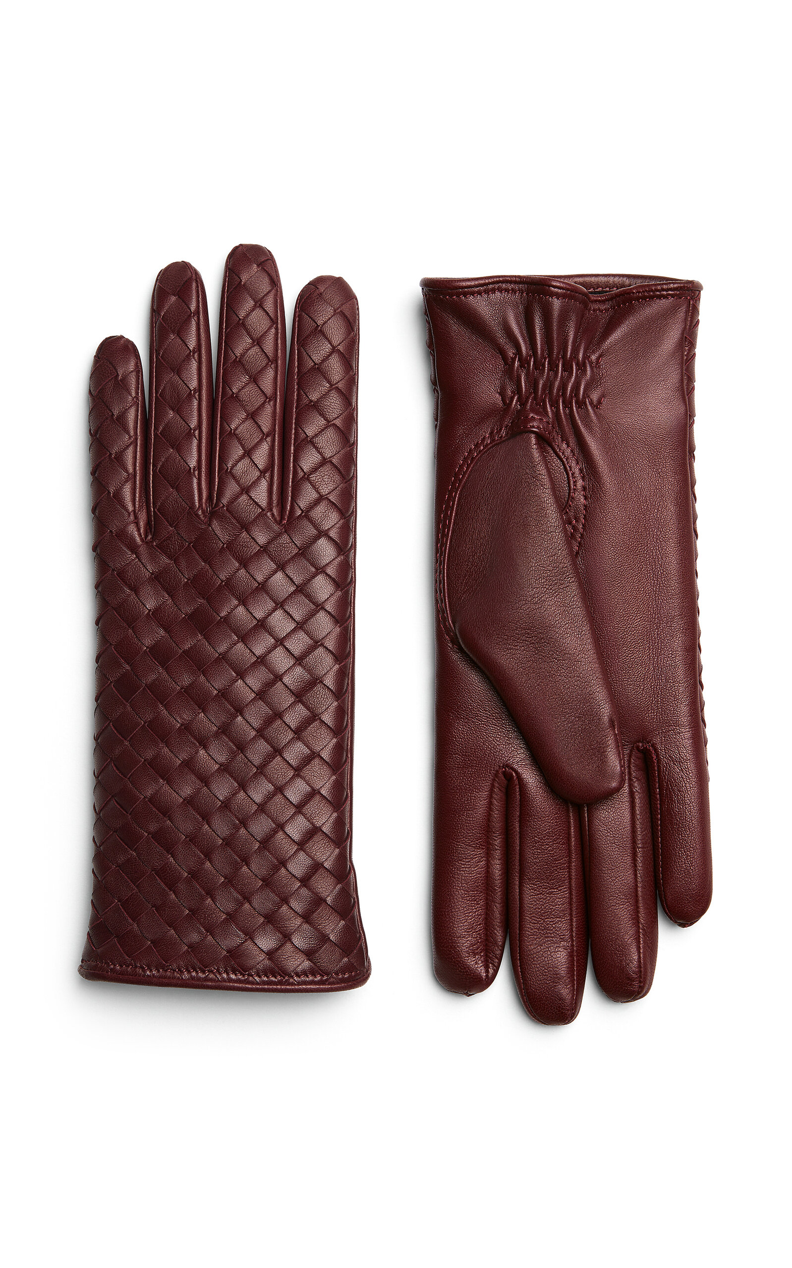 Bottega Veneta Soft Intrecciato Leather Gloves - Burgundy - 6.5 - Women's Accessories