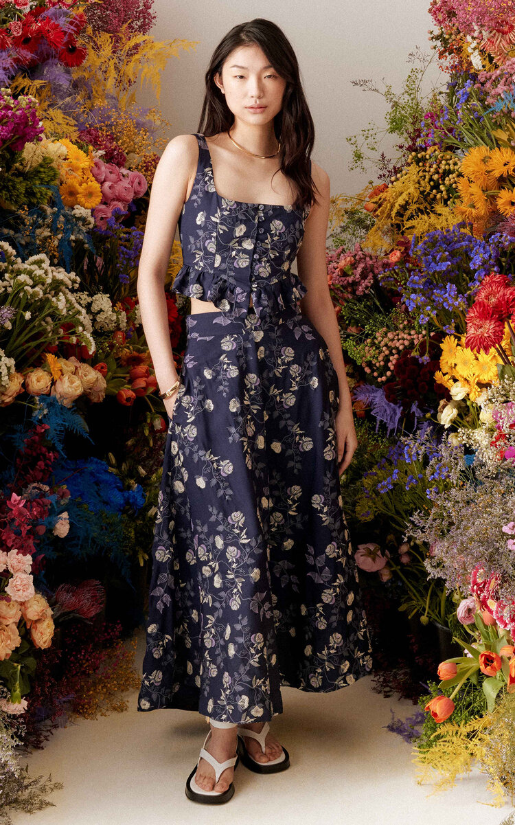 Agua By Agua Bendita Bergamota Sueño Embroidered Tencel-cotton Maxi Skirt In Navy