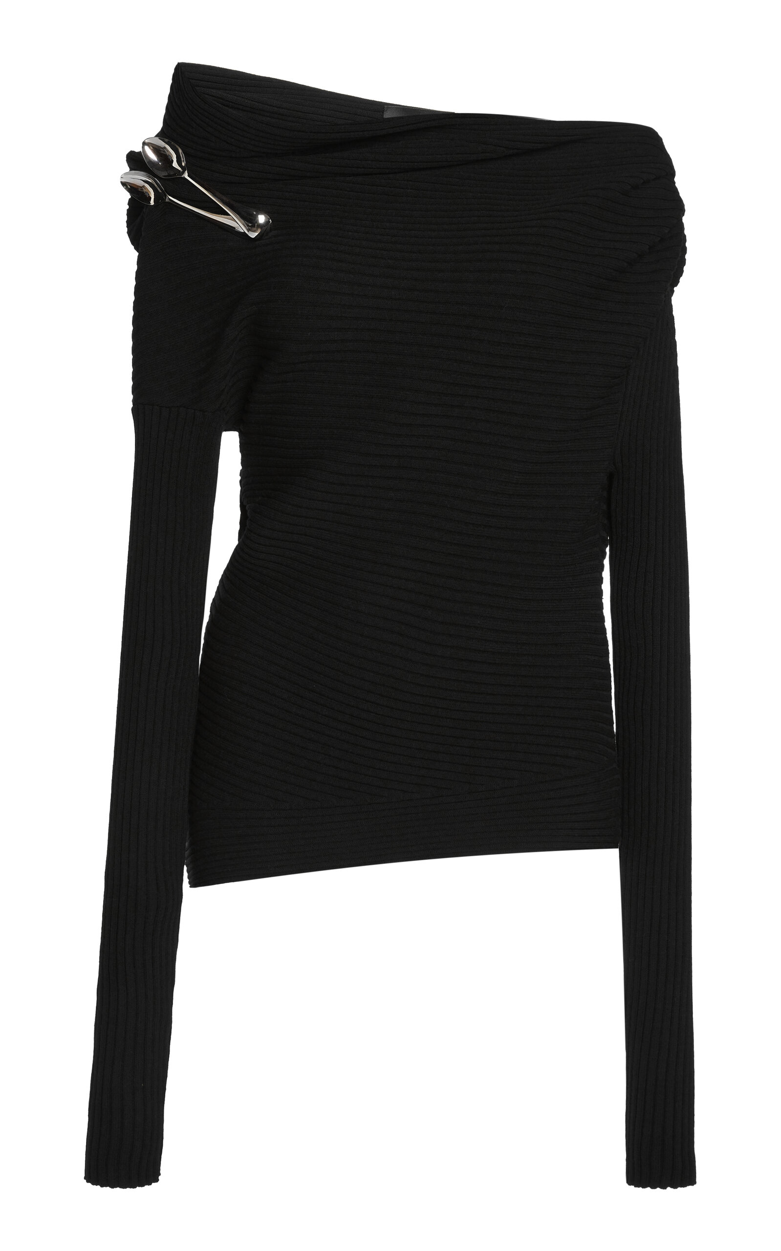 A.W.A.K.E. MODE Off-the-Shoulder Spoon Brooch Knit Top - Black