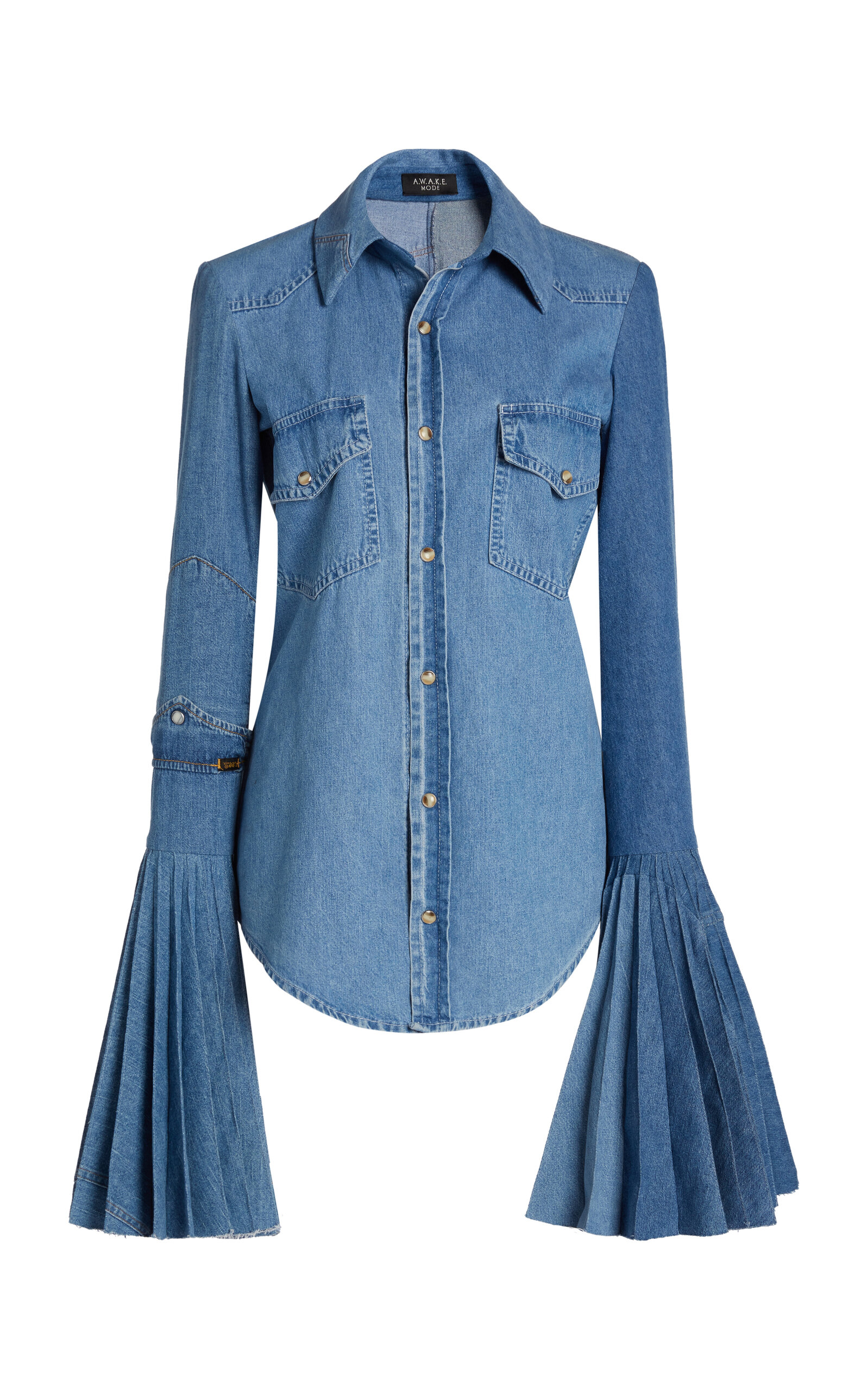 A.W.A.K.E. MODE Recycled Denim Pleated Bell Sleeves Top - Blue