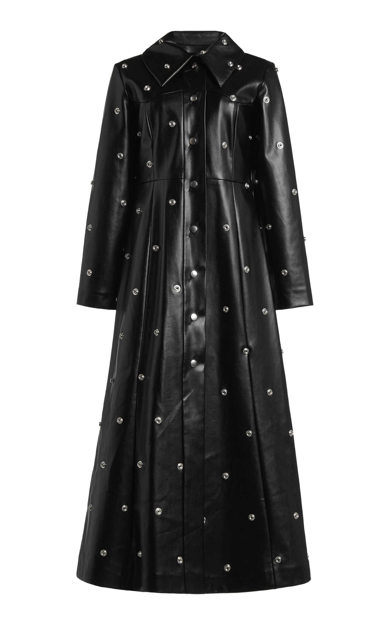 A.w.a.k.e. Faux Leather Studded Flared Coat In Black