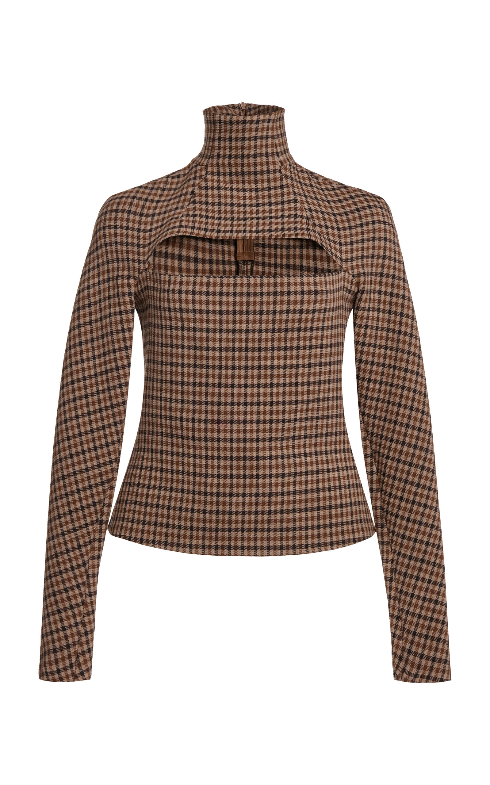 A.w.a.k.e. Gingham Cut-out Turtleneck Top In Brown