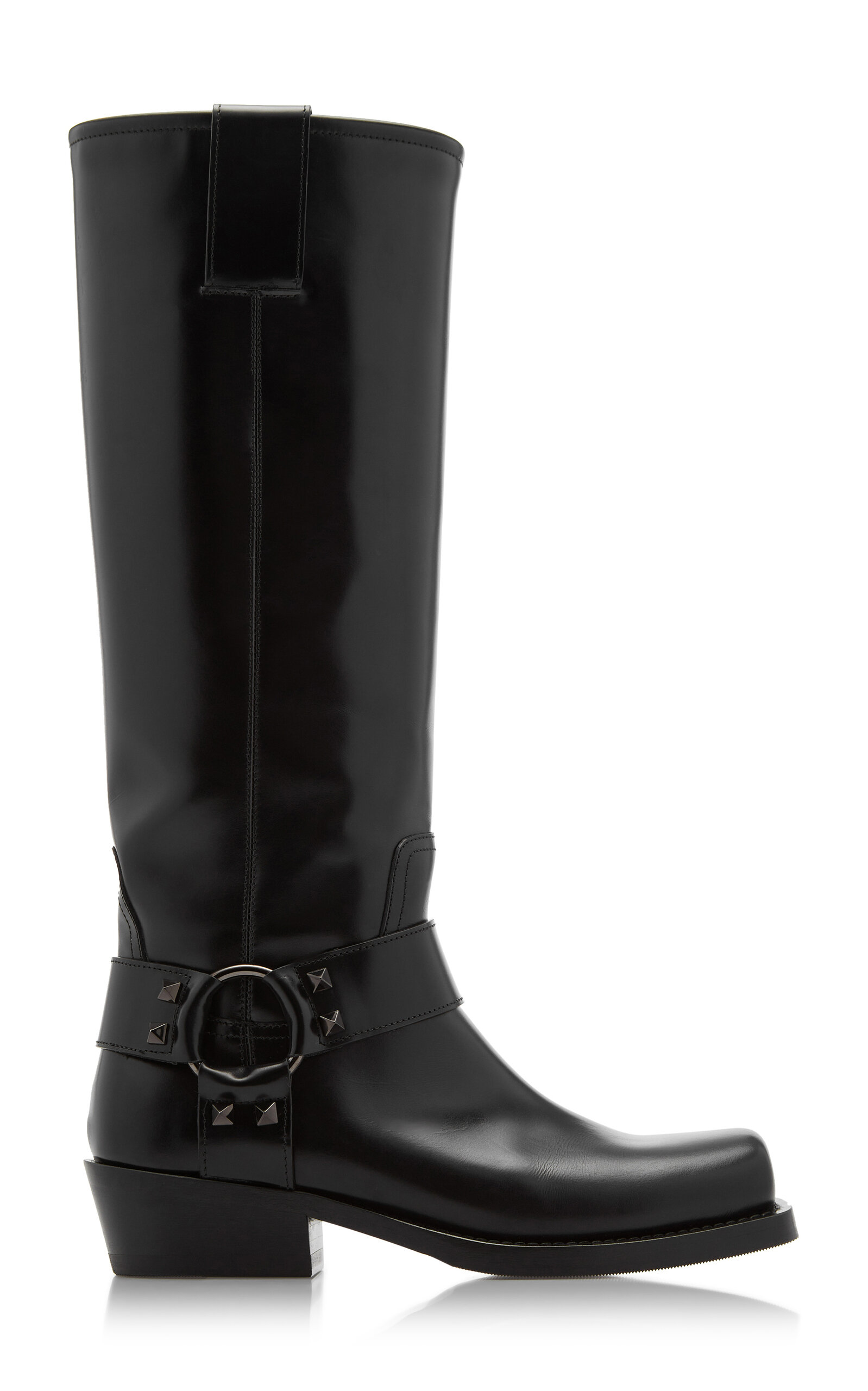 Valentino Garavani Rockstud Biker Knee-high Leather Boots In Black