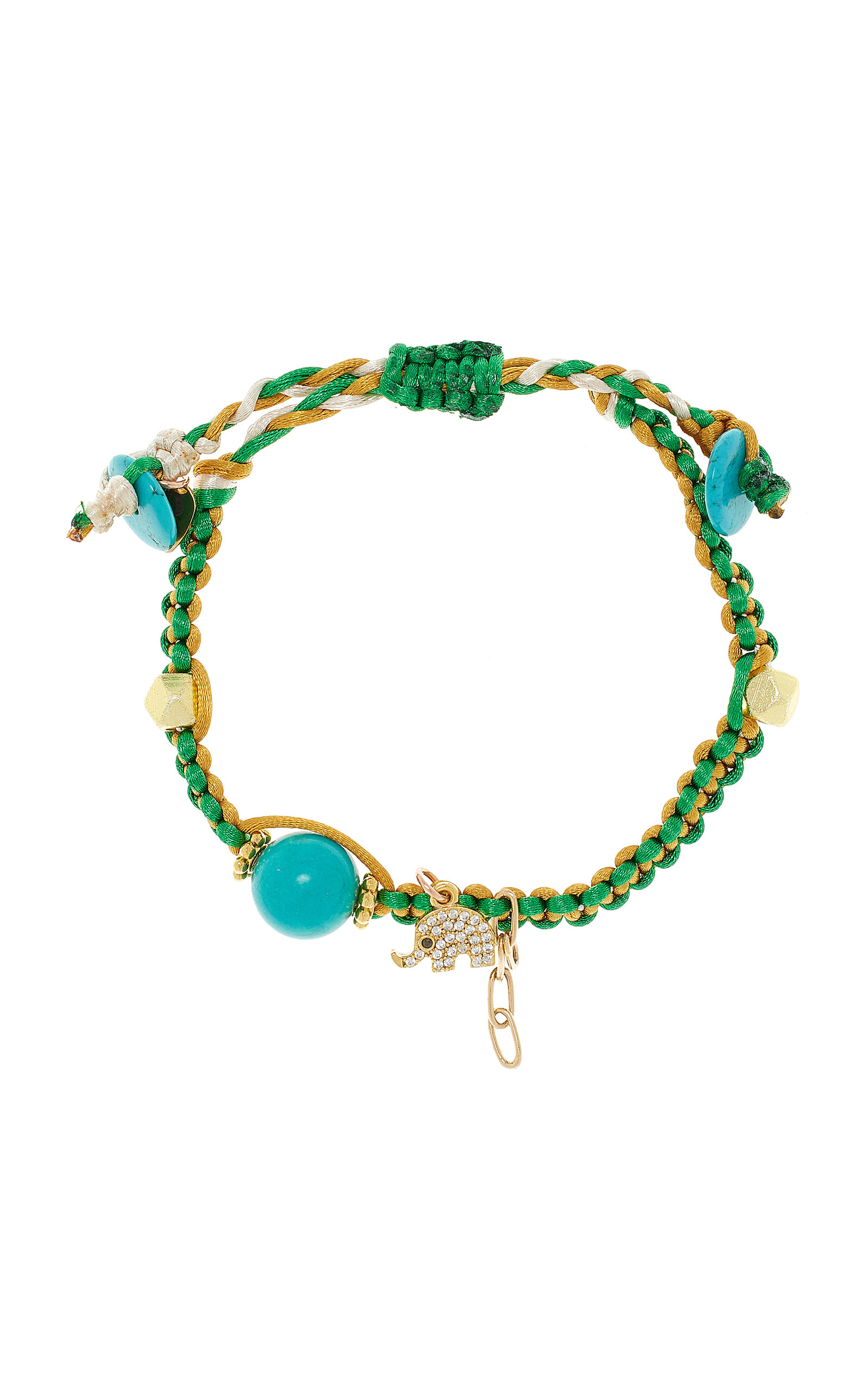 Shop Joie Digiovanni Green Elephant Knotted Silk 18k Yellow Gold Pearl Bracelet In Multi
