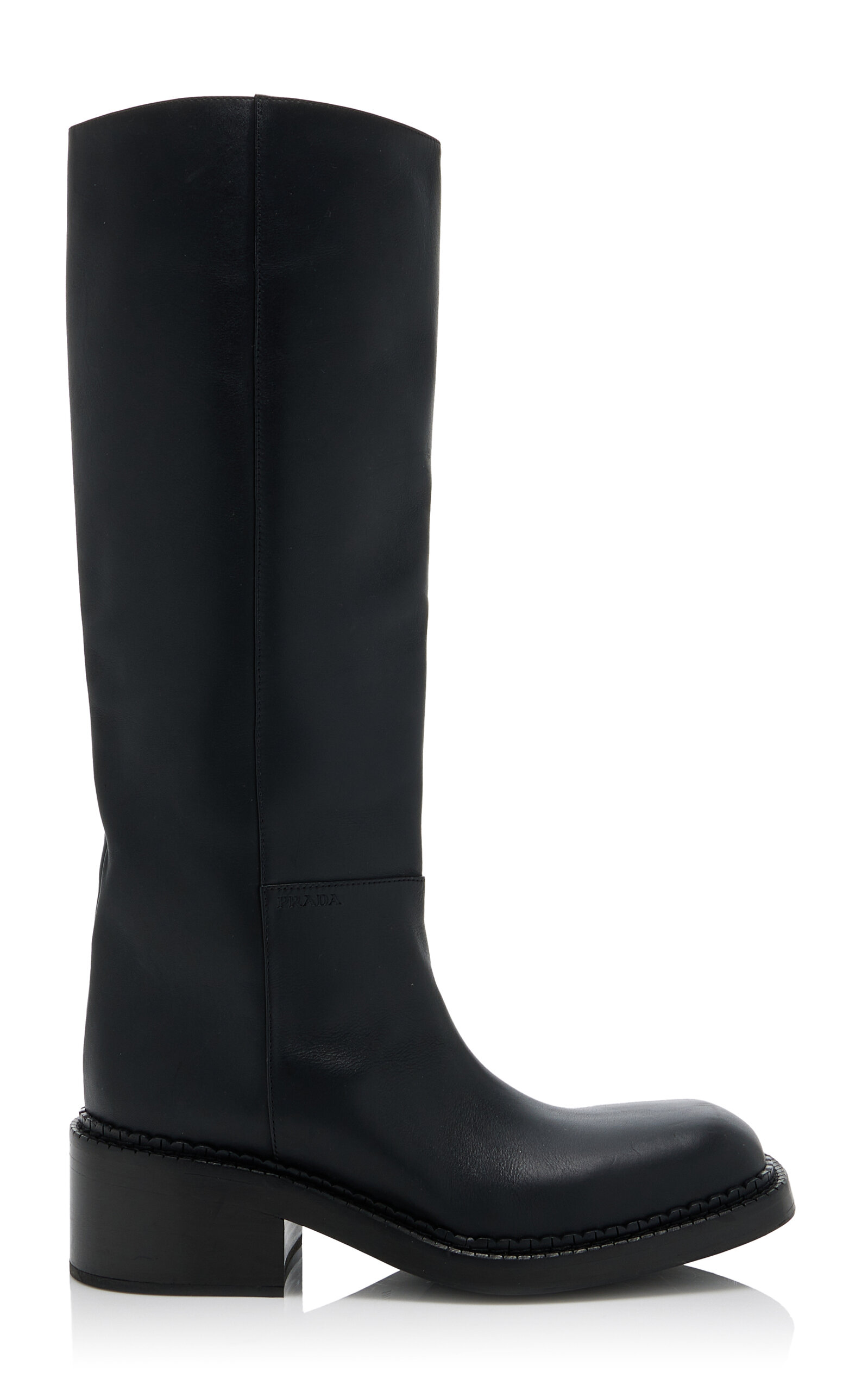 Shop Prada Leather Knee Boots In Black