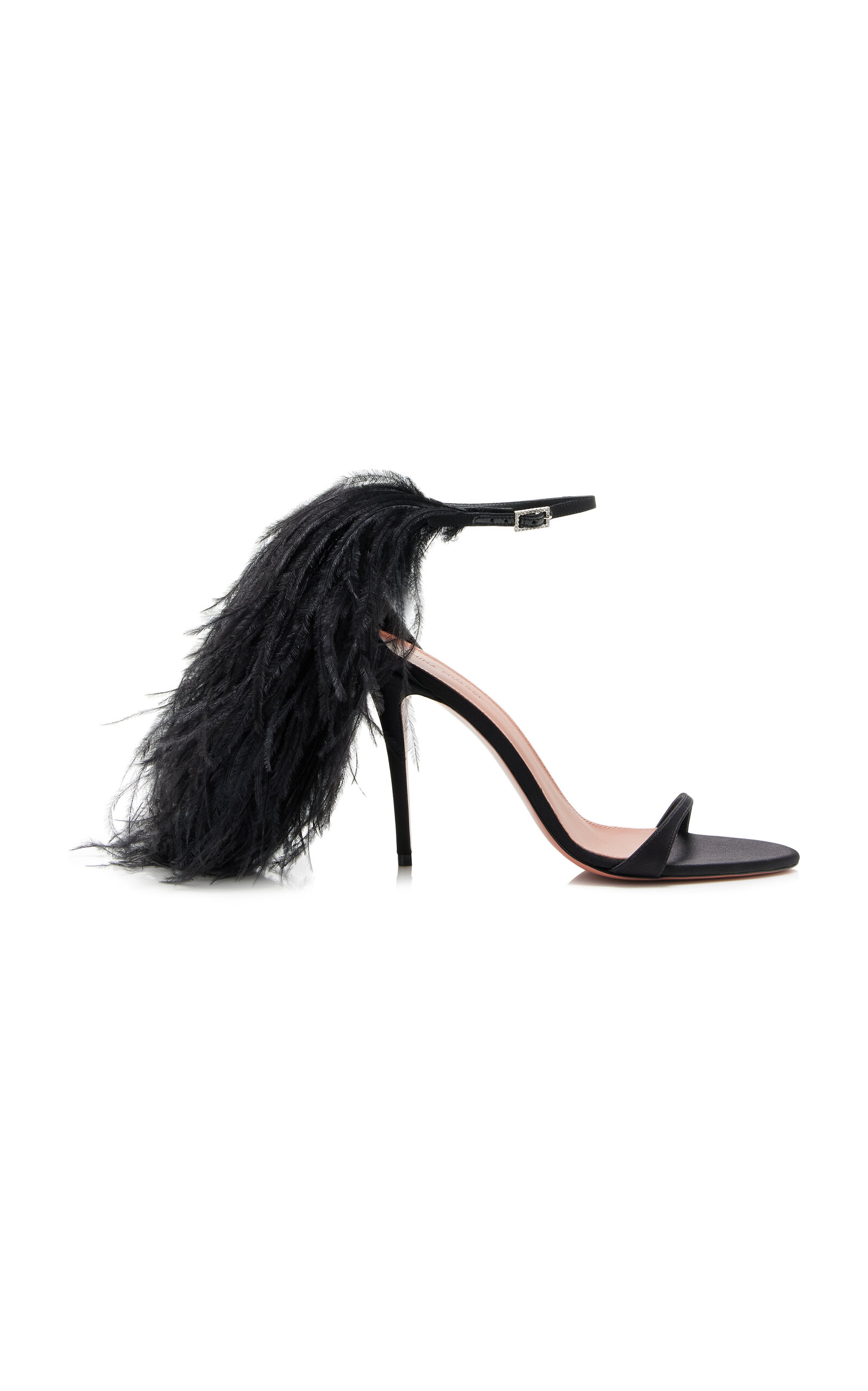 AMINA MUADDI JERRY FEATHER-TRIMMED SATIN SANDALS