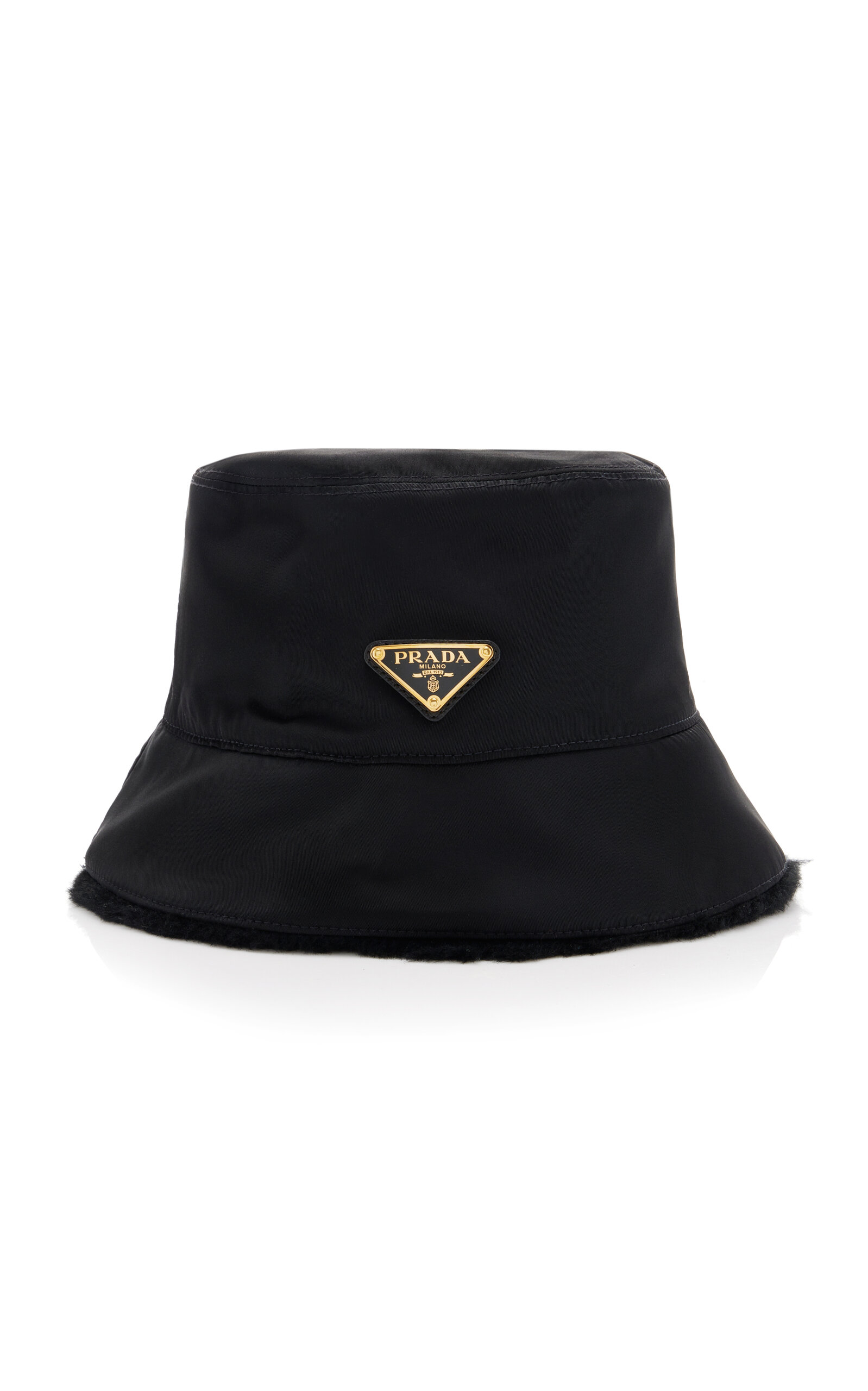 Prada Reversible Nylon; Shearling Bucket Hat In Black