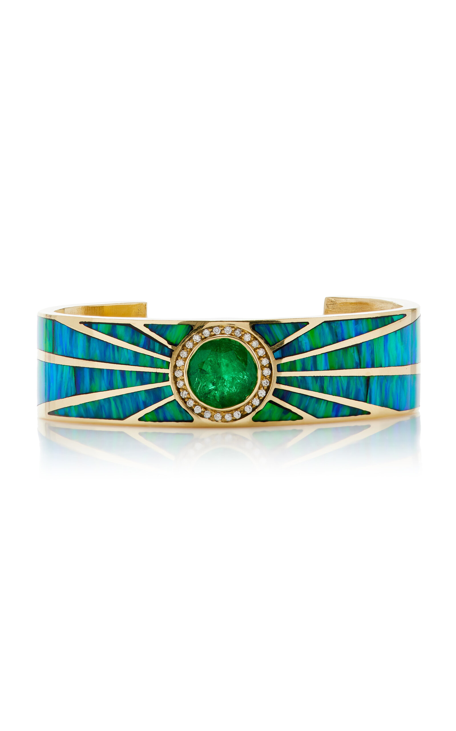Shop Jacquie Aiche 14k Yellow Gold Emerald; Opal Cuff In Green