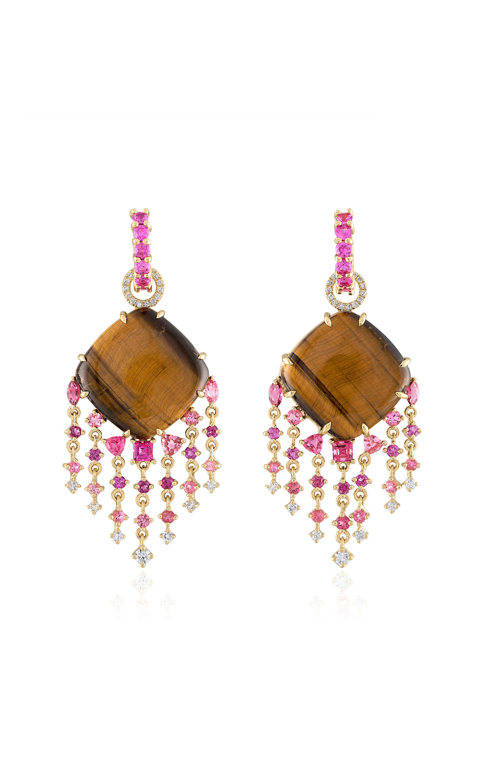 Eden Presley 14k Yellow Gold Tiger Eye Mixed Pinks Fringe Drop Earrings In Brown