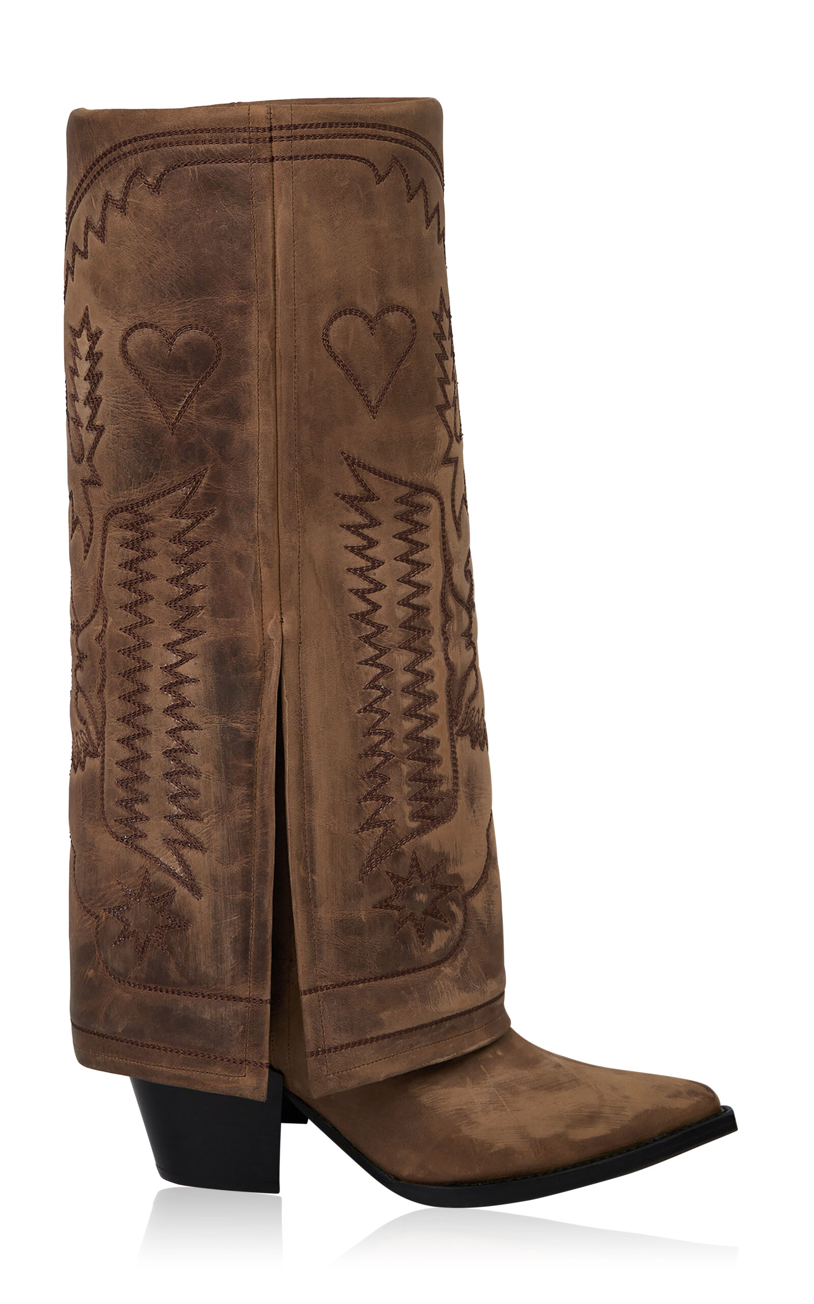 Shop Filles À Papa Dallas Fold Over Embroidered Vintage-effect Suede High Western Boots In Brown