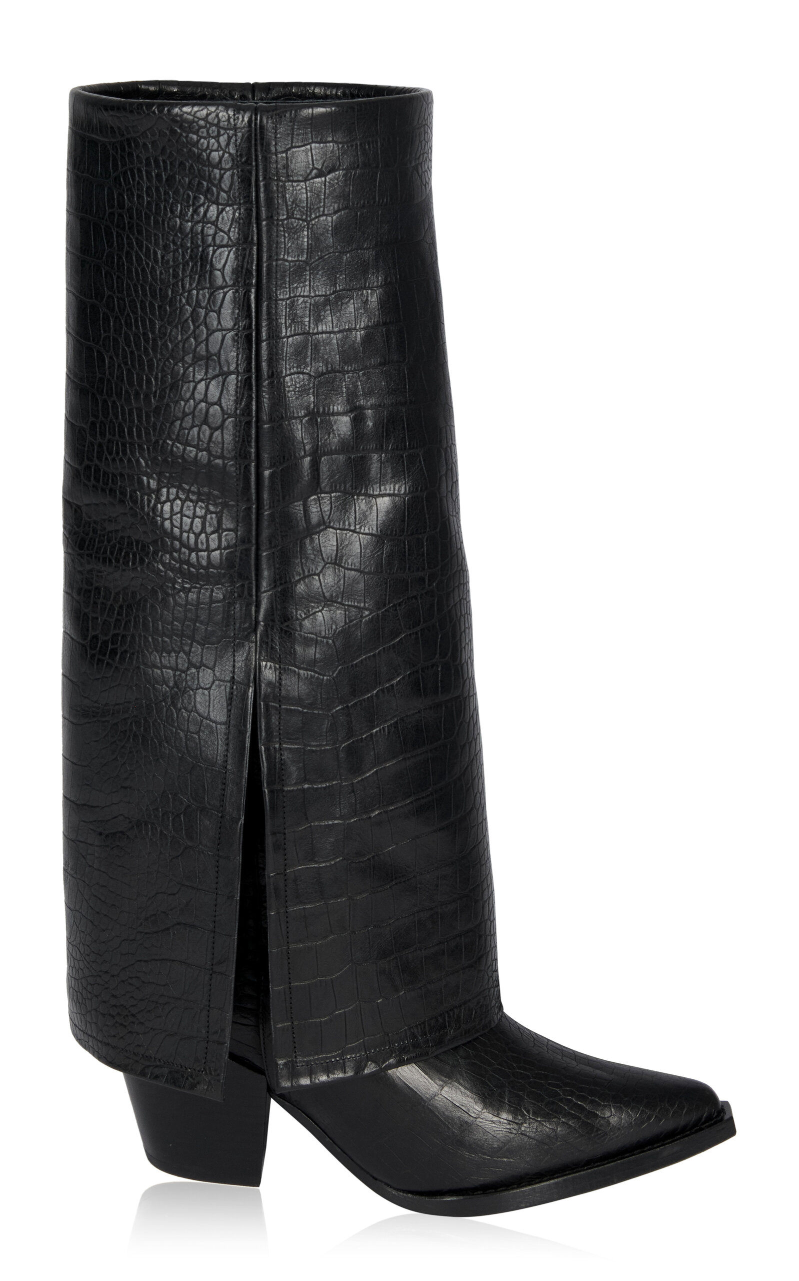 Shop Filles À Papa Dallas Fold Over Croc-effect High Western Boots In Black